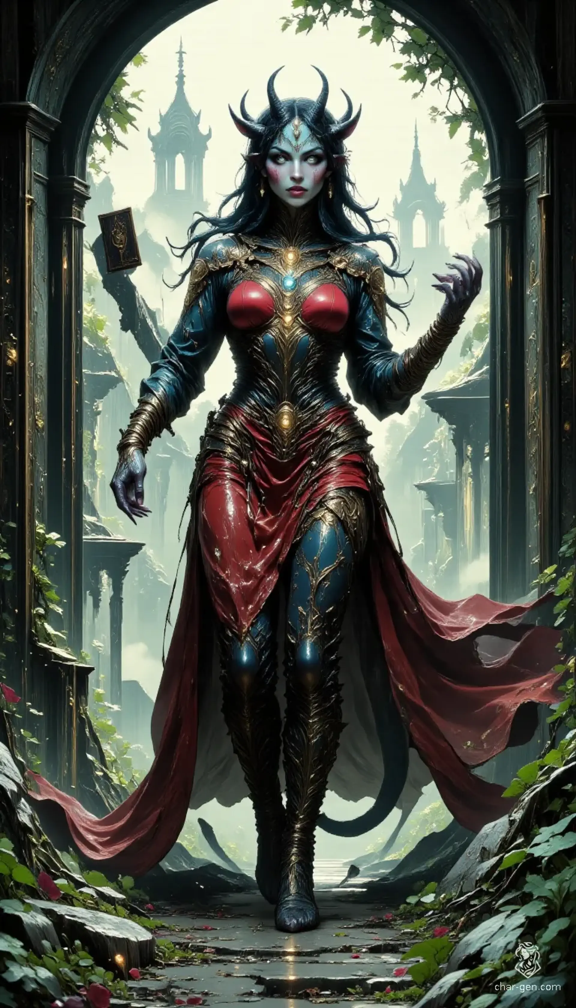 This enchanting young adult female tiefling wizard captivates with her stunning beauty and otherworldly charm. Adorned in a flowing red leather overcoat and glowing arcane sigils, she wields a powerful staff and magical tome, dancing provocatively under the moonlight. Her long black braids and striking black eyes enhance her devilish allure.