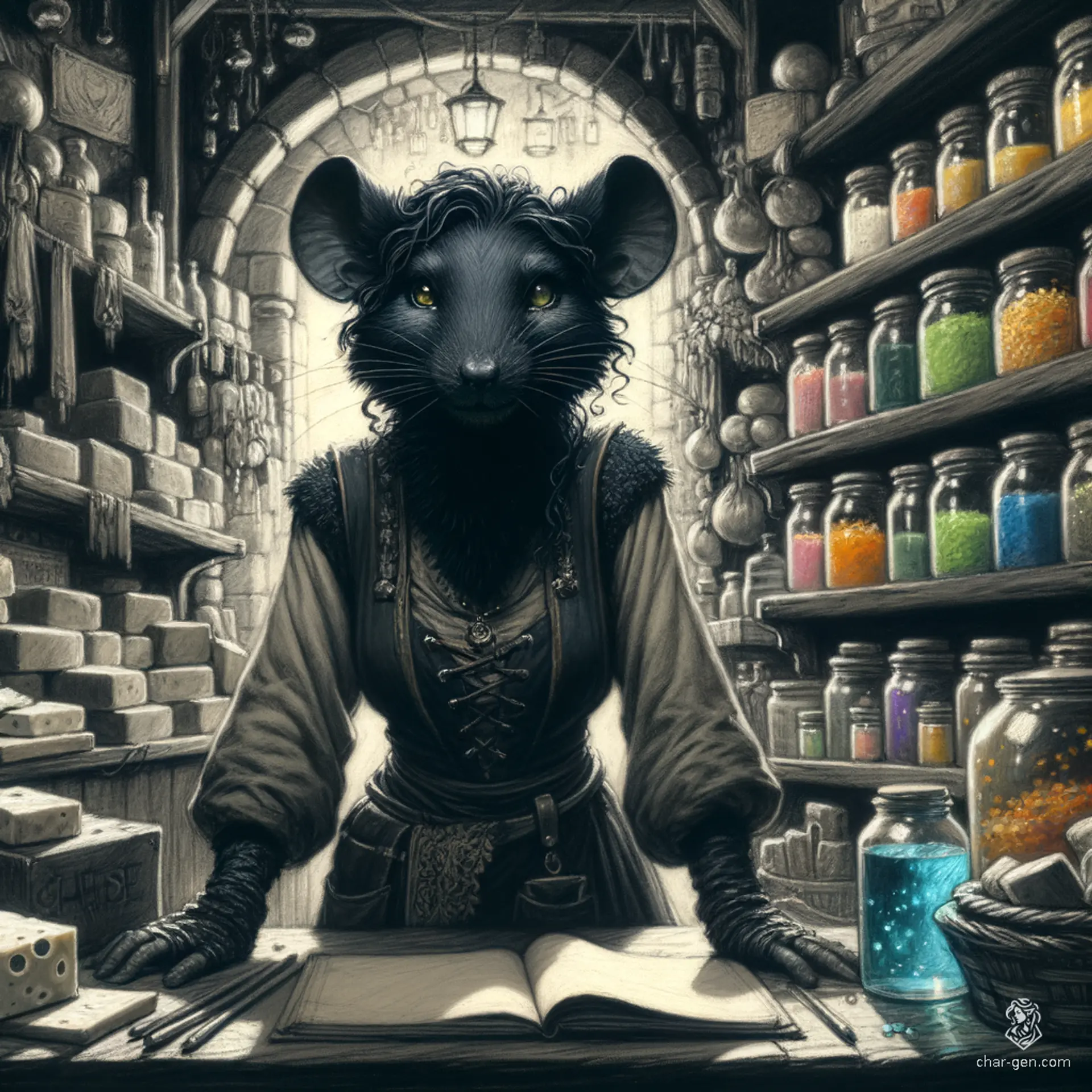 Meet Trixie Whiskerbite, a savvy female ratfolk shopkeeper with curly fur, whiskers, and keen rat ears. Managing a bustling cheese shop, she expertly barters a variety of delectable goods, blending charm and shrewdness in her quirky, bustling marketplace.