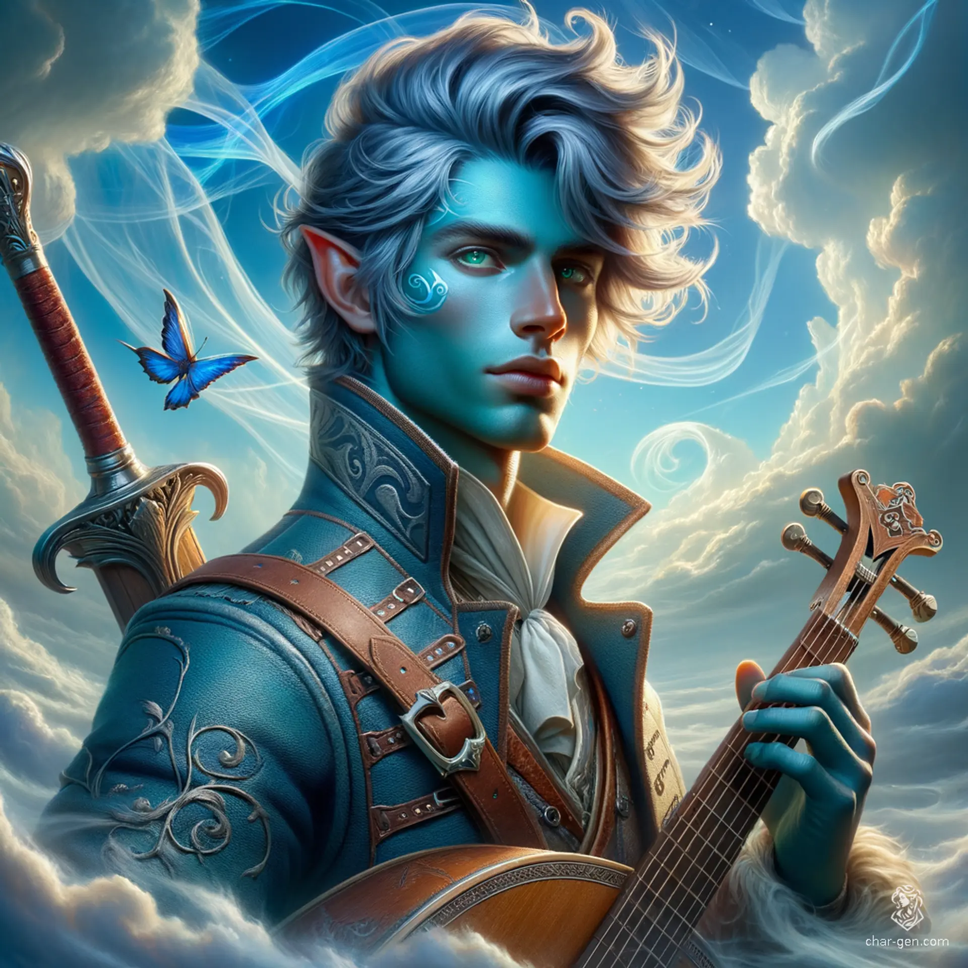 Breezen Aeolus, an 18-year-old air genasi bard, captivates with his graceful lute playing and charming presence. With sky-blue skin, wispy grey hair, and hazel-green eyes, he embodies the winds with nimbleness and charisma. Clad in intricate leather armor, he wields a rapier, ready for adventure.