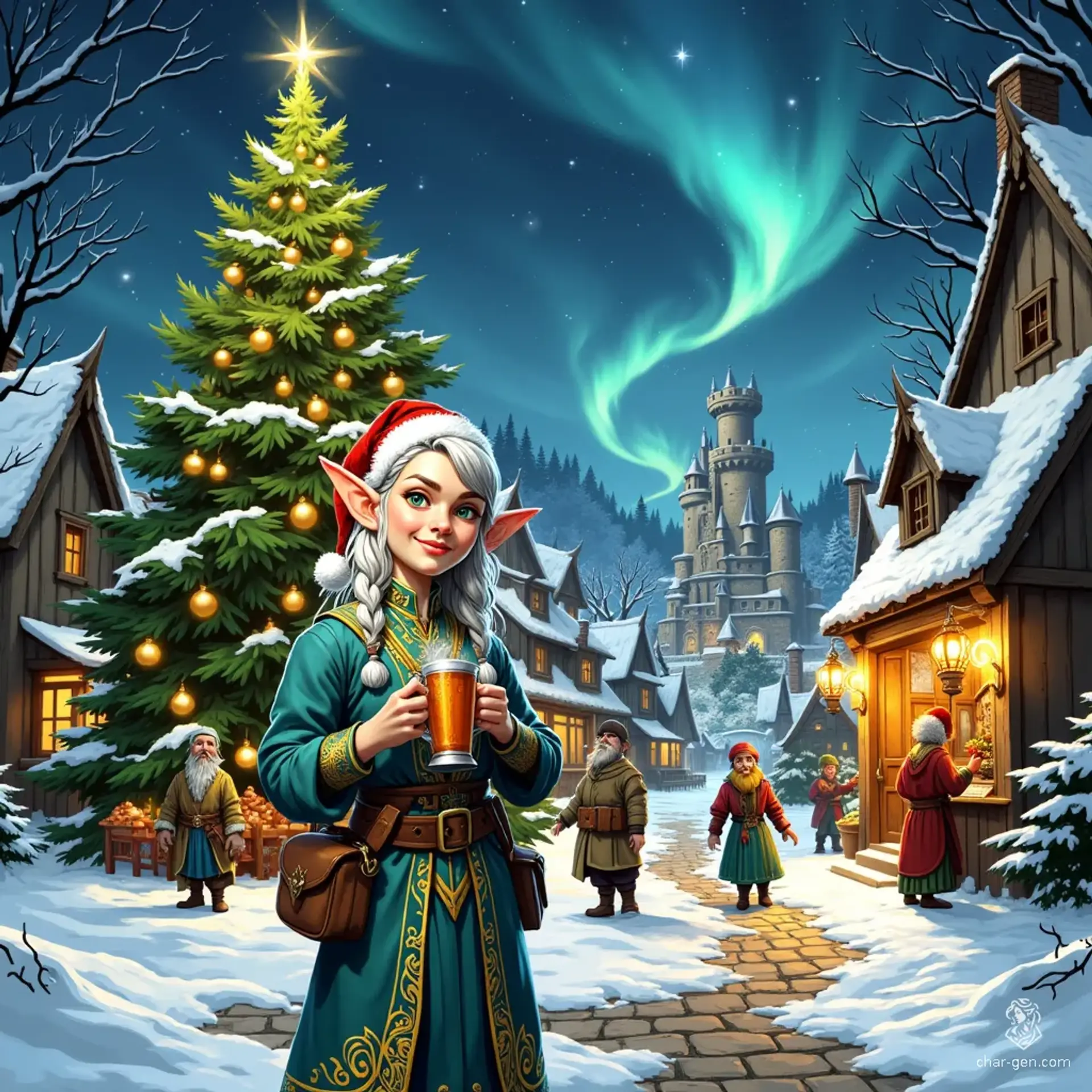 In a magical Christmas wonderland, a charming village boasts cobblestone streets and thatched cottages blanketed in snow. An enchanted evergreen tree dominates the square, while elves, dwarves, and humans celebrate with gifts, mulled cider, and dazzling stalls. Nearby, gnomes and snow elementals bustle in a candy cane workshop beneath a shimmering aurora.