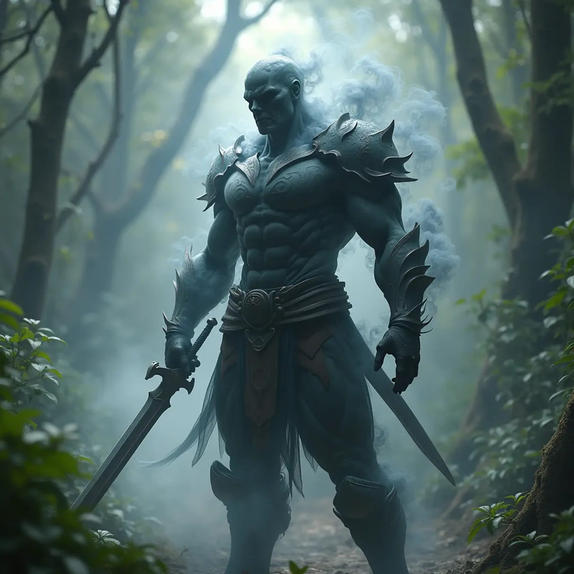 A mysterious male fighter, his form an ethereal spectacle of translucent black smoke, stands amidst the lush jungle. Wisps of shadowy vapor swirl around him, swirling off his armor and boots. Clutched in his hand is a sword forged from the same dark mist, hinting at both elegance and danger.