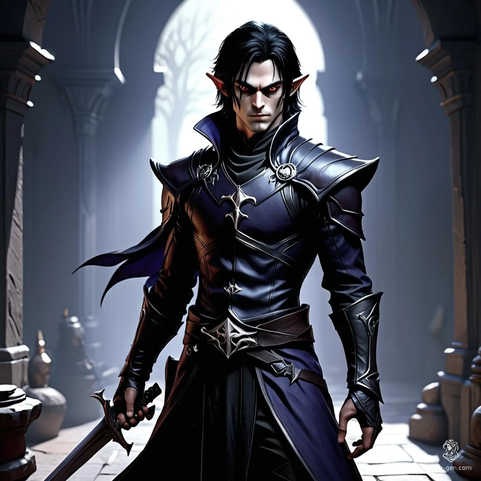 A male Shadar-kai/Dark Elf hybrid rogue, with jet black hair, obsidian eyes, and pale skin. Stealthy and dangerous, he lurks in the shadows, clad in dark clothing with concealed daggers, working as a lethal assassin.