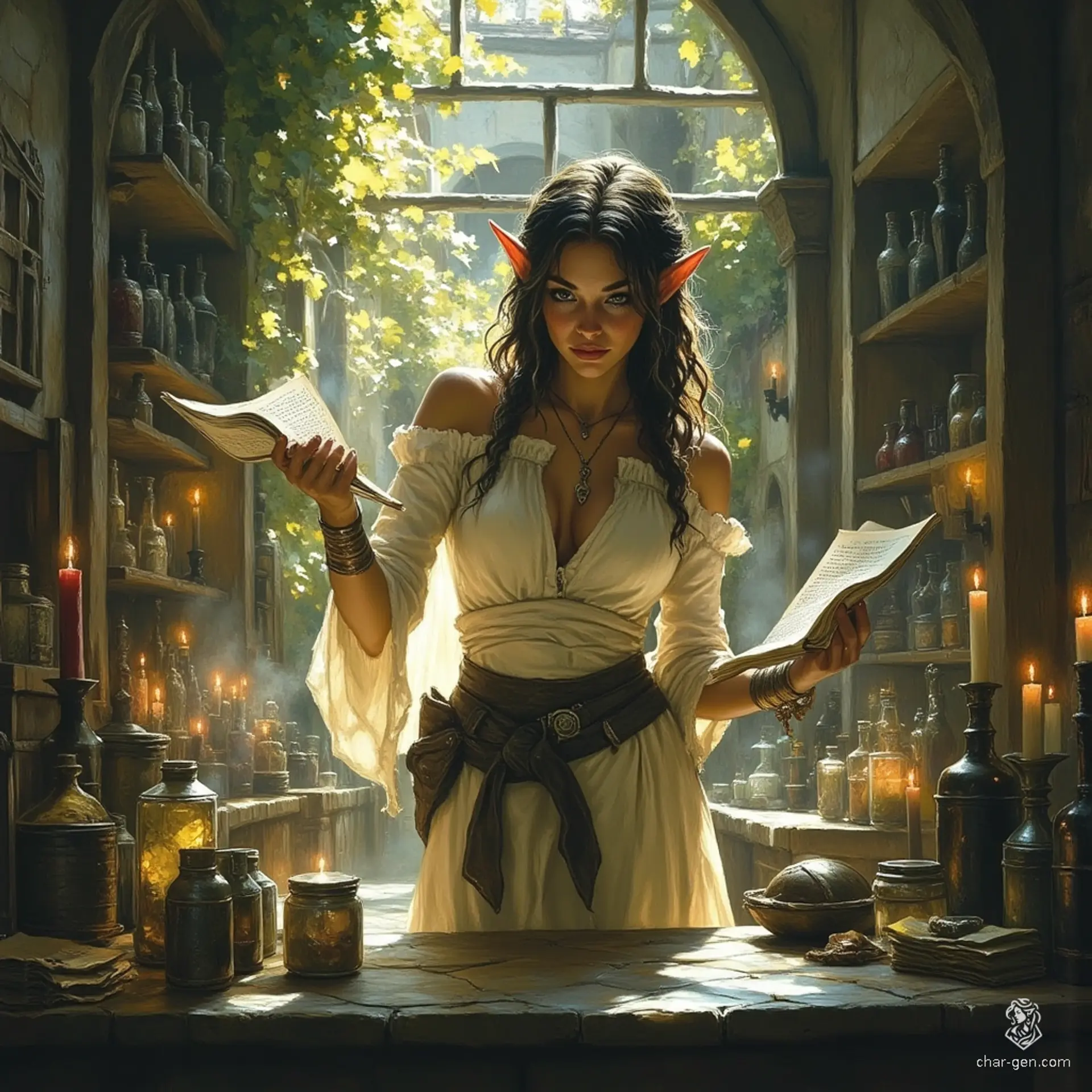 Meet Maryam, a graceful, tan-skinned elf forensic medicine investigator. With flowing tea-colored hair and bright topaz eyes, she balances curiosity and care. Dressed in practical, renaissance-inspired attire, she navigates her cozy alchemical lab, deeply engrossed in witchcraft and science, alongside her ghostly spider familiar.