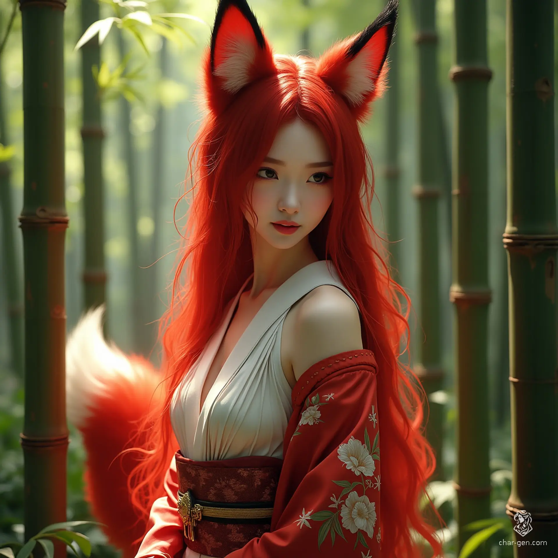 A captivating courtesan, she is a fair-skinned woman of Asian descent with bold, cherry red hair. Dressed in an elegant kimono, her enchanting presence is accentuated by her red fox ears and three swaying tails, marking her as a mystical Kitsune.