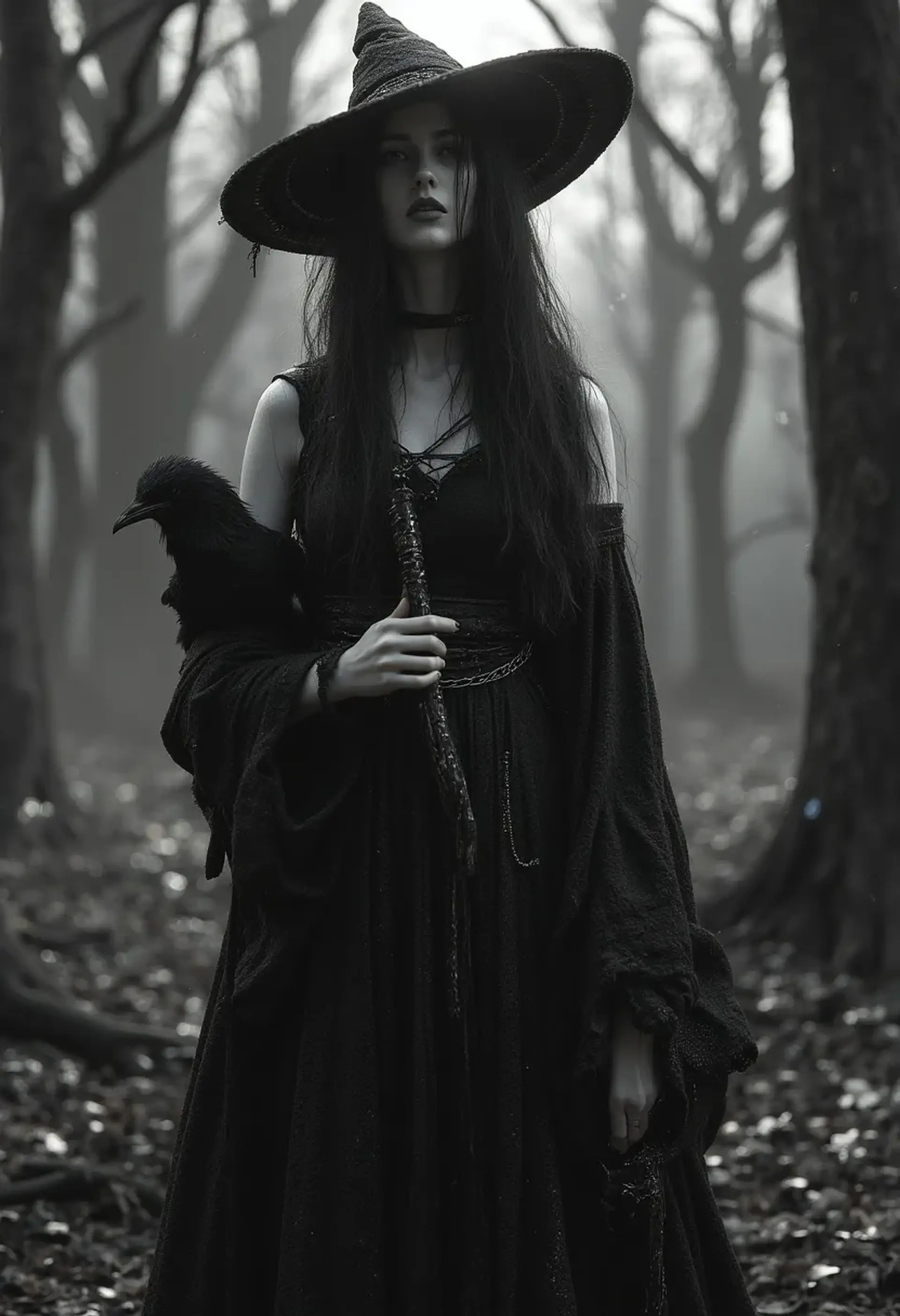 Branwen Umbra, an ancient Umbral Human cleric and sorcerer, wields divine and arcane powers with serene resolve. With shimmering alabaster skin, swirling silver-black eyes, and onyx-black writhing hair hidden beneath a dark wizard’s hat, she roams with a scythe and raven familiars, offering aid to those at their journey’s end.