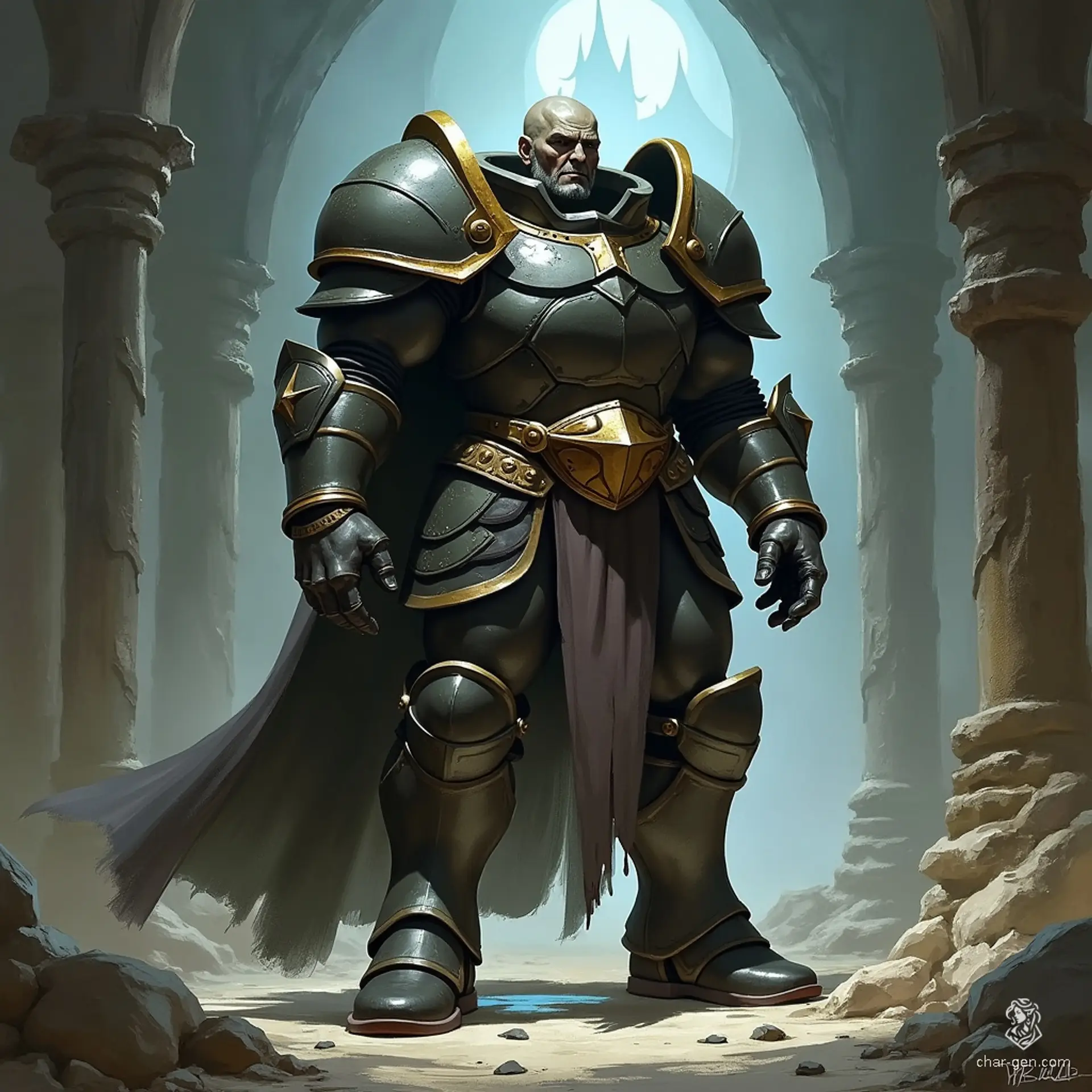 A warforged Paladin exuding a dignified aura and unwavering protection. Their metallic frame and solemn gaze embody relentless duty and honor, serving as a steadfast guardian in the face of peril.