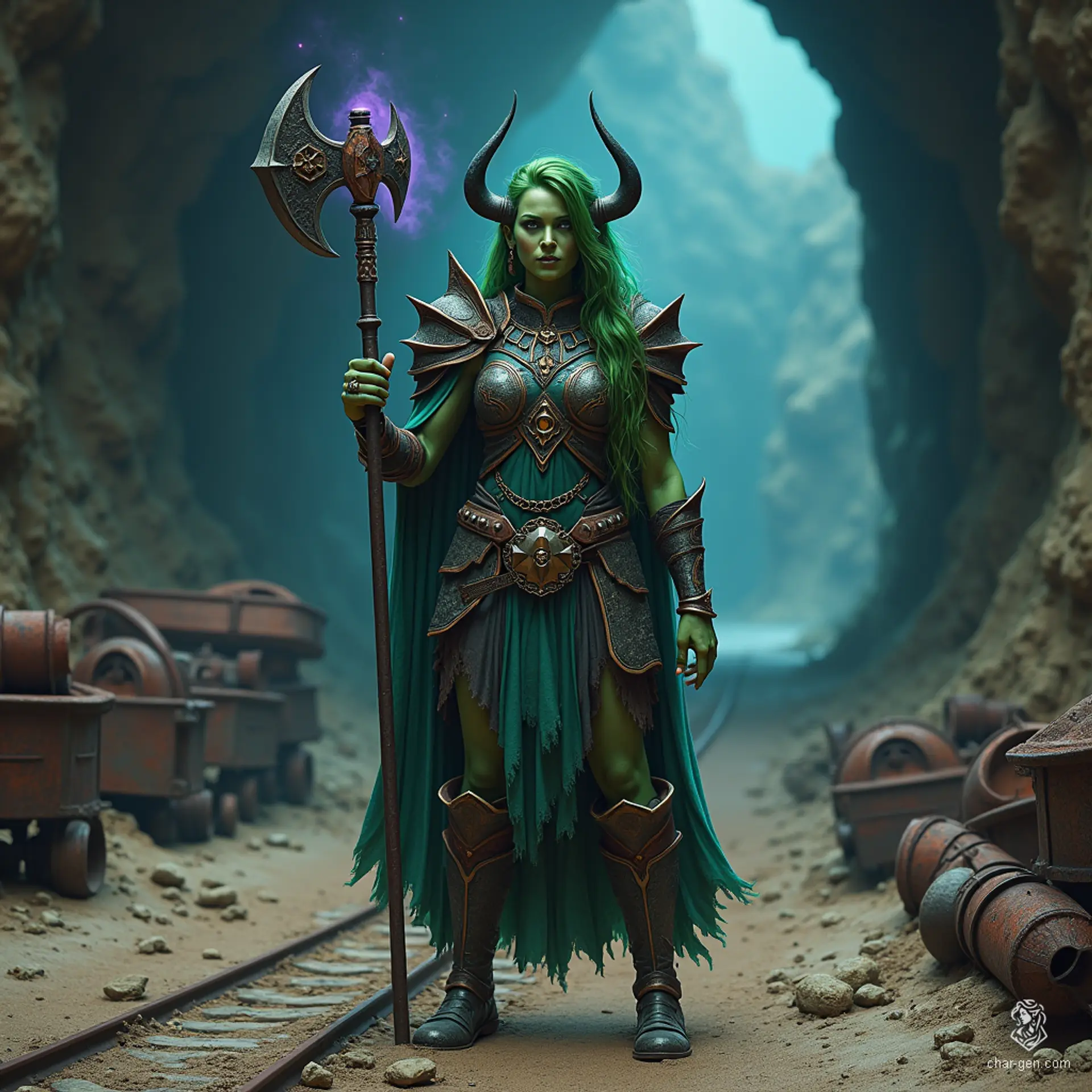 Mugzug the Tiny, a charming and wise warlock of noble orcish descent, wields a mace and commands an aura of arcane magic. Torn between duty and forbidden love for Maribel, she navigates a world of power and carnal desire, forever marked by her family's legacy.