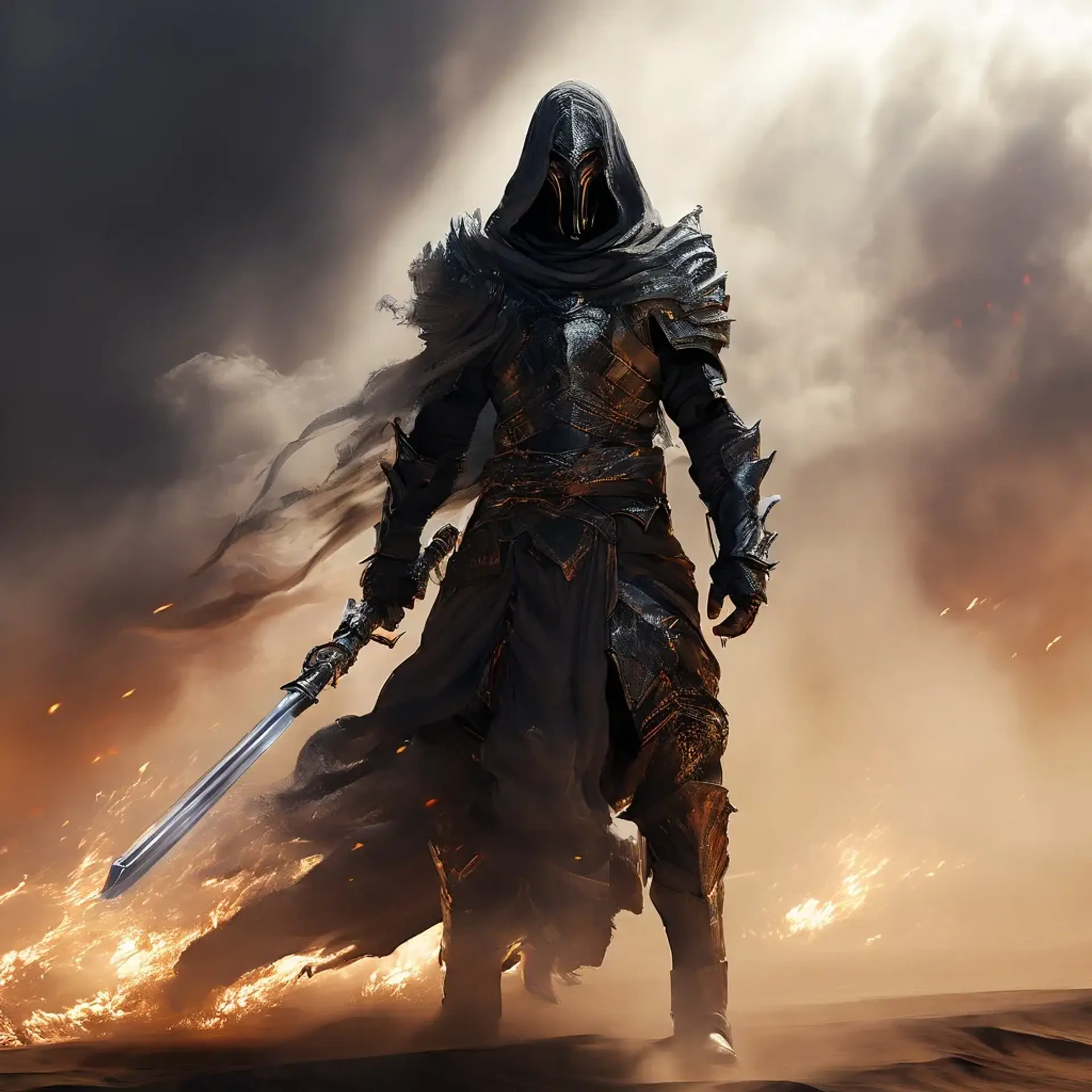 A mysterious male fighter, cloaked in translucent dark grey smoke, roams the desert. His ethereal face, armor, and boots swirl with wisps of shadowy mist. Armed with a sword forged from the very smoke that envelops him, he embodies both menace and enigma in his silent presence.
