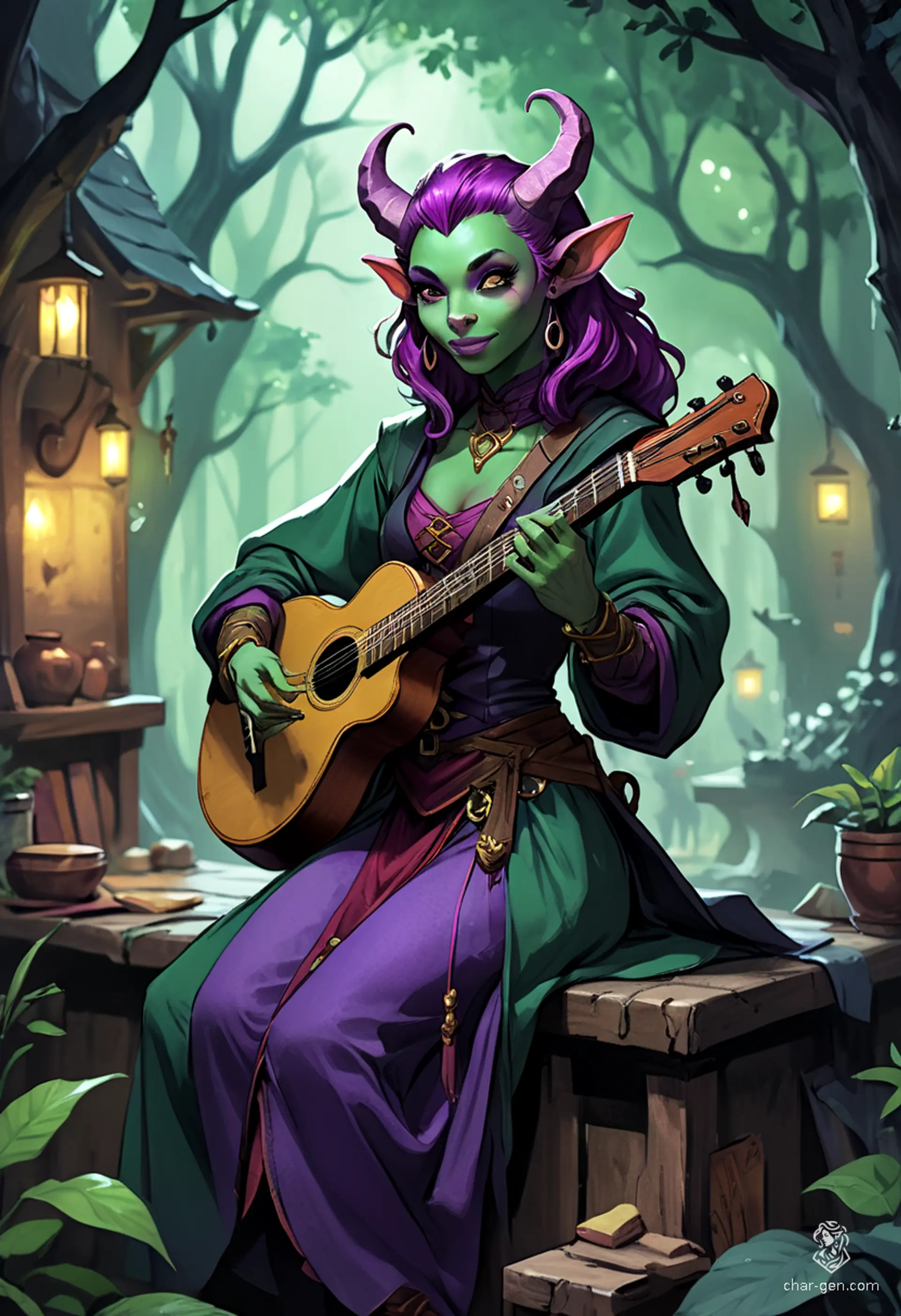 Lyrica Chantenuit is a charming 25-year-old tiefling bard with striking purple skin and deep plum hair. With a nimble frame and enchanting green eyes, she captivates audiences as she skillfully strums her lute, her devilish horns and long tail adding to her allure and mystique.