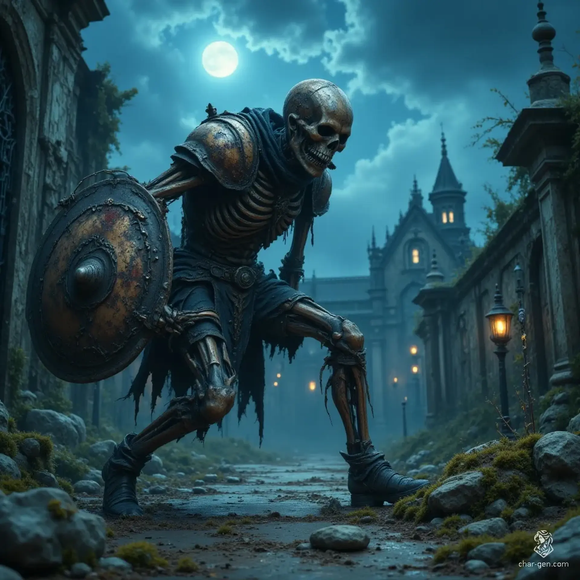 An animated skeleton warrior lumbers through a dark cemetery on a moonlit night, clad in rusty breastplate armor and an aged helmet. Dragging a broken sword and shield, it moves slowly past an unmarked grave, illuminated by dim blue light and deep shadows in a moody, cinematic black fantasy scene.