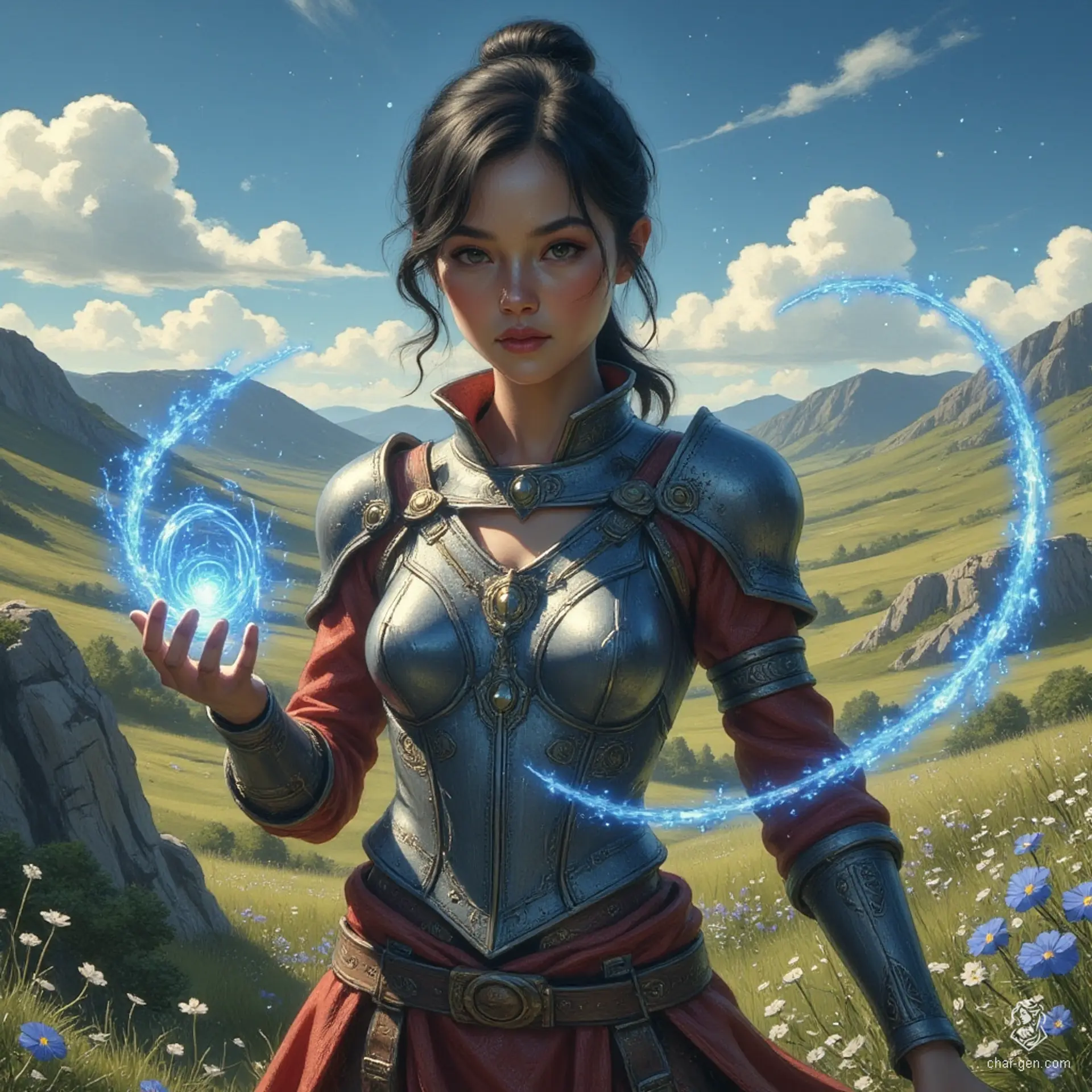 Jouli is a striking middle-aged investigator mage of East Asian descent, standing 5'4" with a slender frame and ample curves concealed beneath intricately embossed leather armor. Her shimmering pale skin glows under the sunlight, and her bright eyes reflect determination as she traces a large blue rune in a defensive stance, surrounded by ancient texts in her library haven.