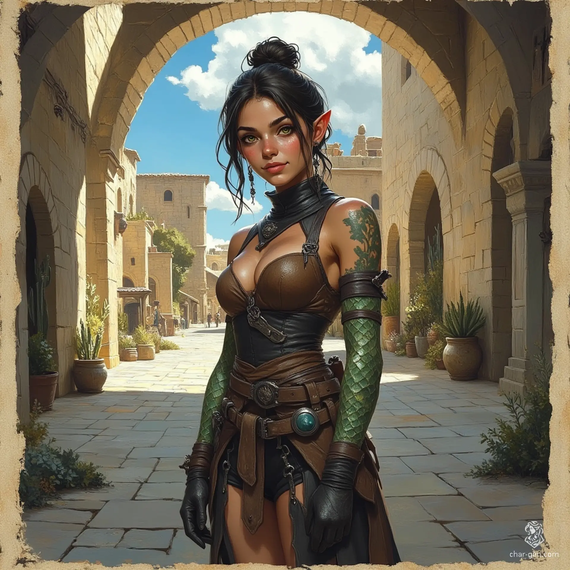 Izzy, a young and perky halfling assassin, expertly wields her crossbow and hides daggers beneath her dark leather tunic. With snake-like yellow-green eyes and green snake-scale tattoos, she embodies both beauty and danger, lurking in the shadows, ever vigilant for her next target.