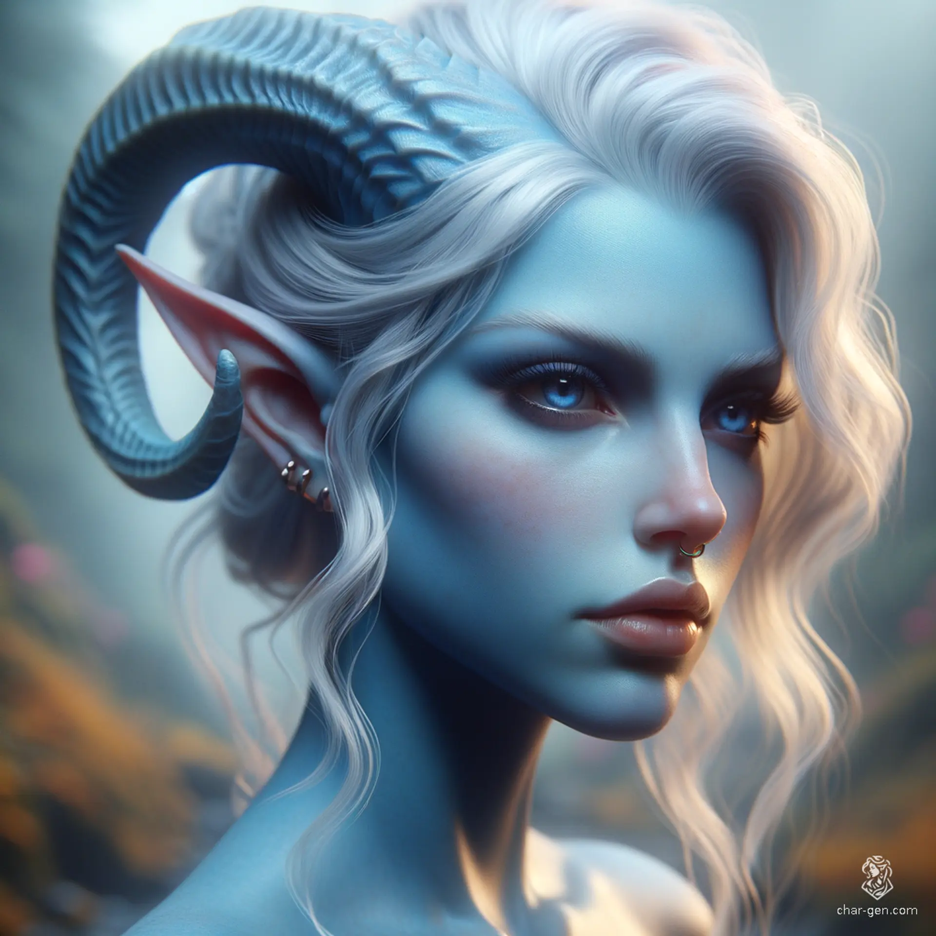 A striking Tiefling female, she boasts light blue skin and short white hair, artfully shaved on one side. Her prominent horns curve gracefully, framing her angular face. Captured in photorealistic 4K detail, she embodies a captivating blend of elegance and strength in a vibrant fantasy realm.