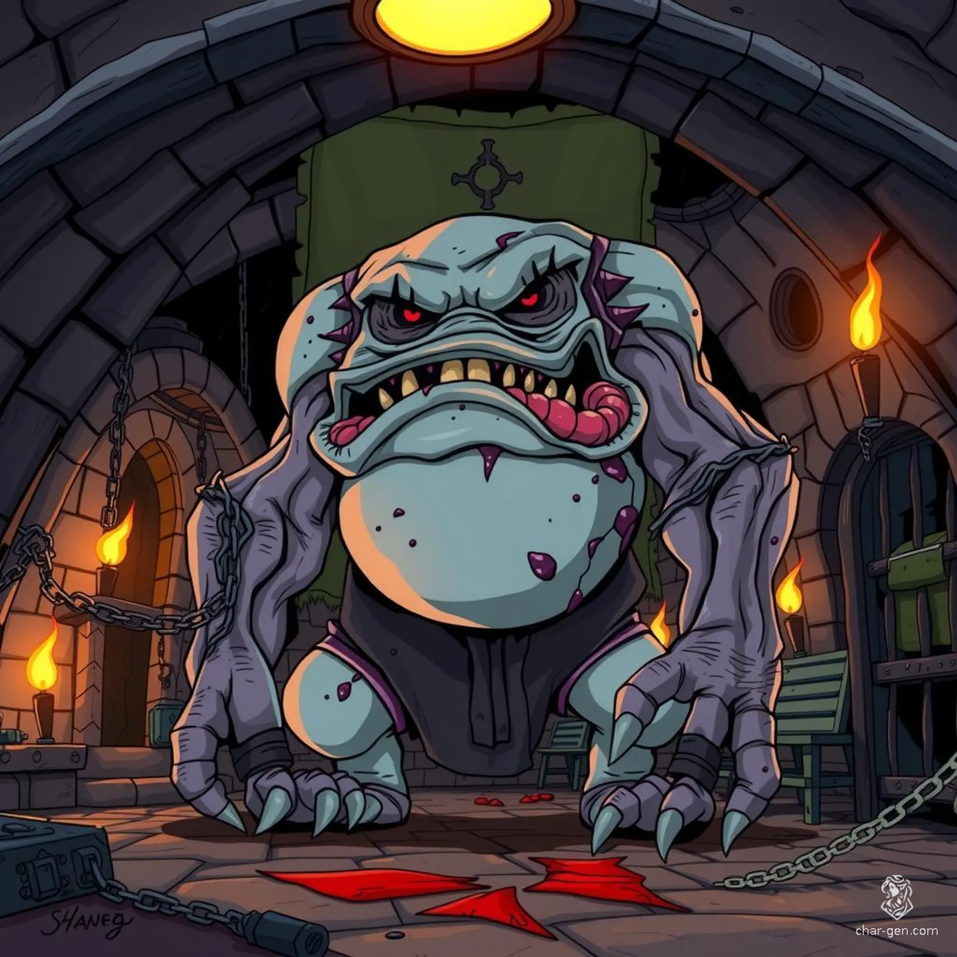 The Blotchy-Skinned Zombie is a grotesque undead construct, a horrific fusion of multiple corpses and dark magic. It lumbers slowly with swollen, mismatched body parts and blotchy decaying flesh, emitting a putrid scent of death and decay.