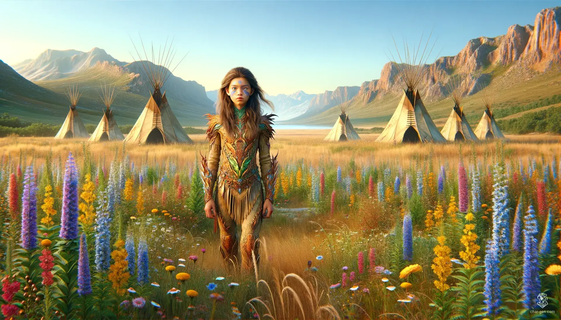 A young Native American girl stands in sorrow amidst smoldering teepees on the endless grasslands. With straight, dark brown hair cascading around her, her distinct tan skin reflects the recent devastation, embodying strength and resilience in her tearful yet determined expression as she begins her journey to find those  responsible for the deaths of her family and friends.