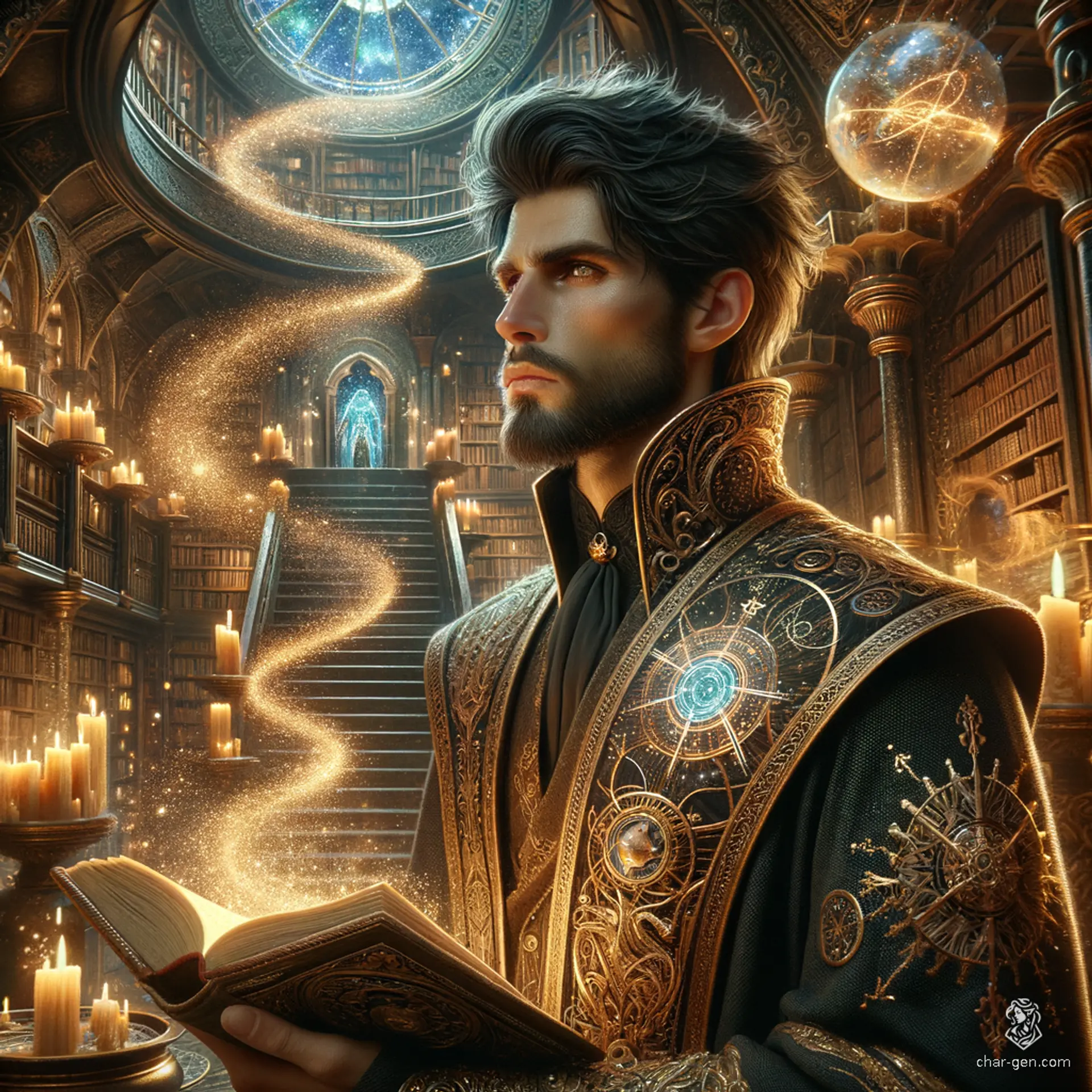 A 27-year-old male wizard with olive skin, dark hair, and a beard, he specializes in illusion magic. Adorned in enchanted garments marked with arcane sigils, he wields a magical tome and staff, embodying the mysteries of the arcane.