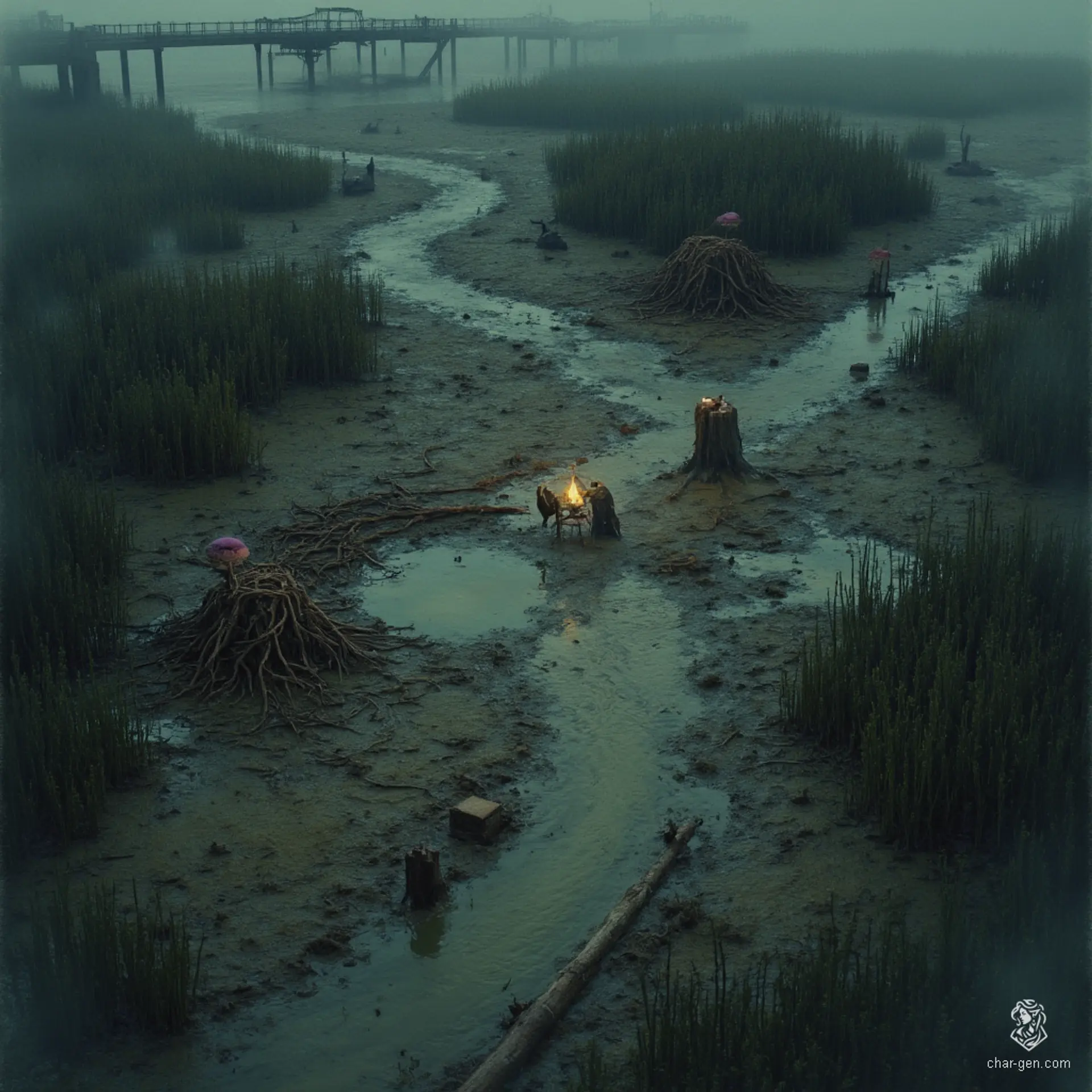 Welcome to the Marsh of Echoes, where sticky mud clings to your boots and ghostly fog blankets the air. Navigate through twisted mangroves and glimmering purple mushrooms as you tread the winding paths. Beware of hidden traps lurking amongst the rotting logs and the unsettling whispers of the dead. Unearth secrets buried beneath the remnants of a ruined highway bridge, where lost souls might offer guidance—or mislead the unwary.