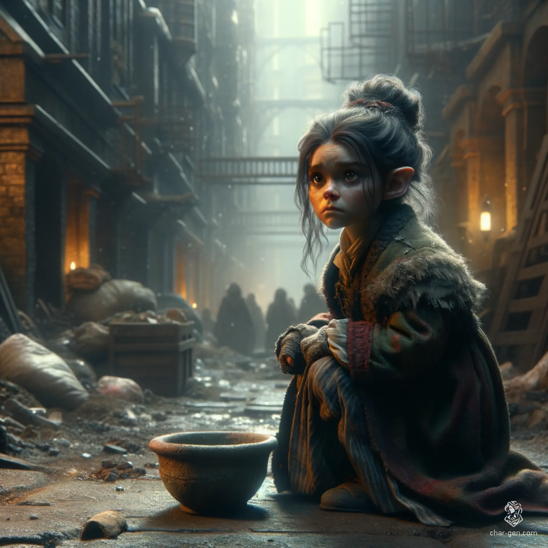 A noble dwarf fallen from grace, she roams the streets in tattered rags, clutching a dirty bowl. Her once-grand attire is now a ghost of luxury, and her hair, pulled into a tight bun, frames a weary face burdened by hardship—all while cradling a swaddled baby.