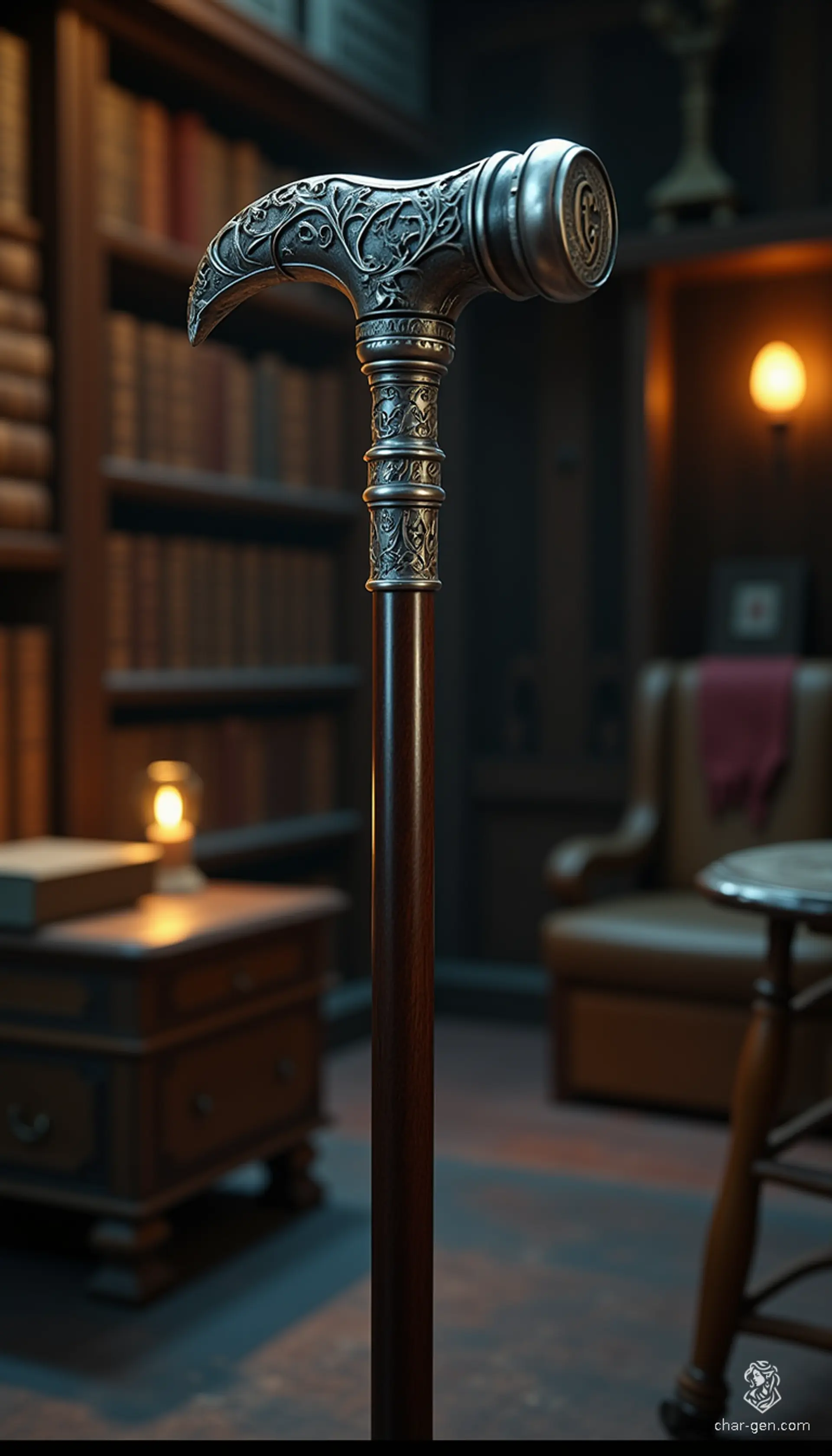 The Roditem is a masterfully crafted walking cane of polished ebony, standing 32 inches tall. Topped with a lustrous silver finial resembling a hammer, it exudes power. Engraved with a stylized capital "C," wielding this rod amplifies magical abilities, making the user a formidable presence in any realm.