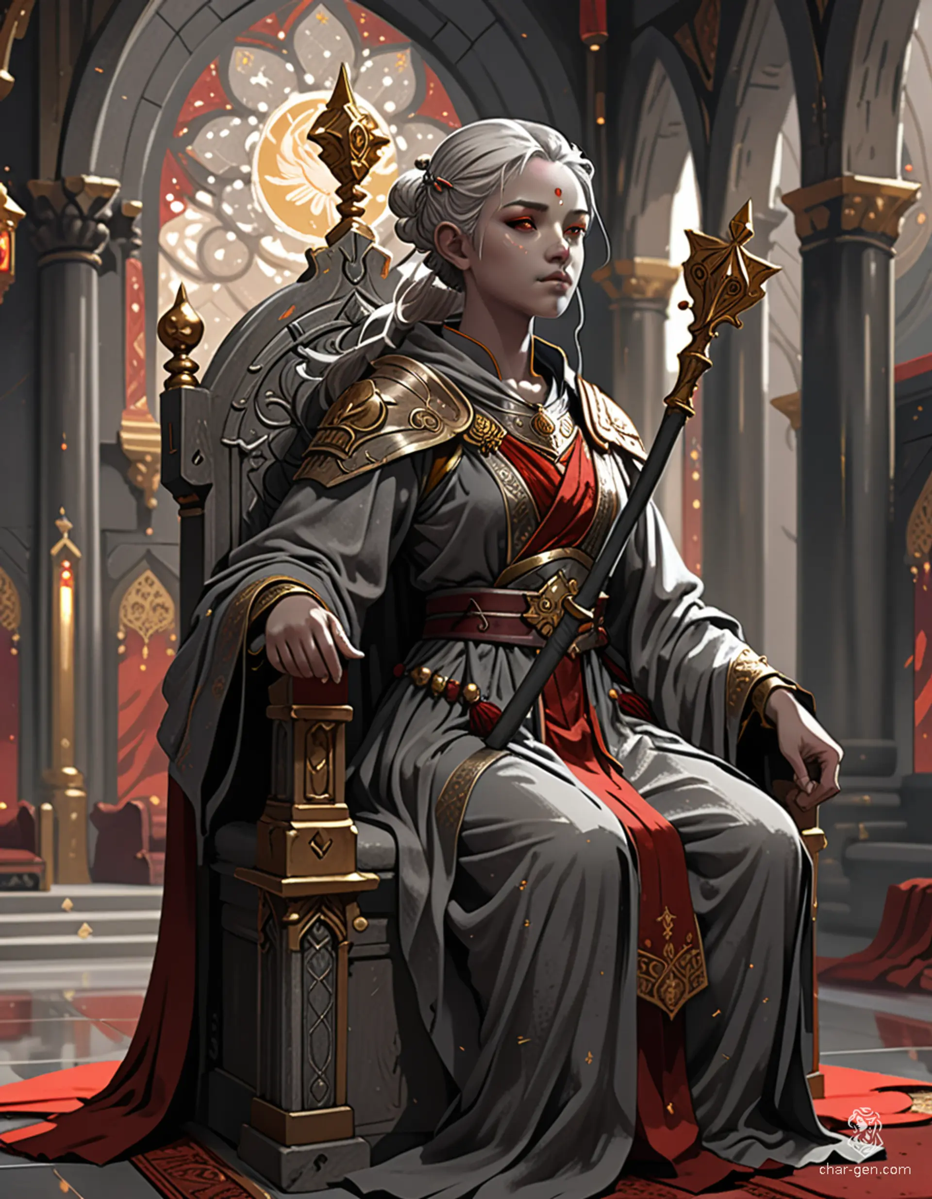 Loralyn, a serene Aasimar baroness and monk, radiates divine strength in her throne room. With radiant golden eyes and glowing skin, she embodies both wisdom and power. Poised with a quarterstaff, she prepares to battle encroaching evil, her calm demeanor masking an intense resolve.