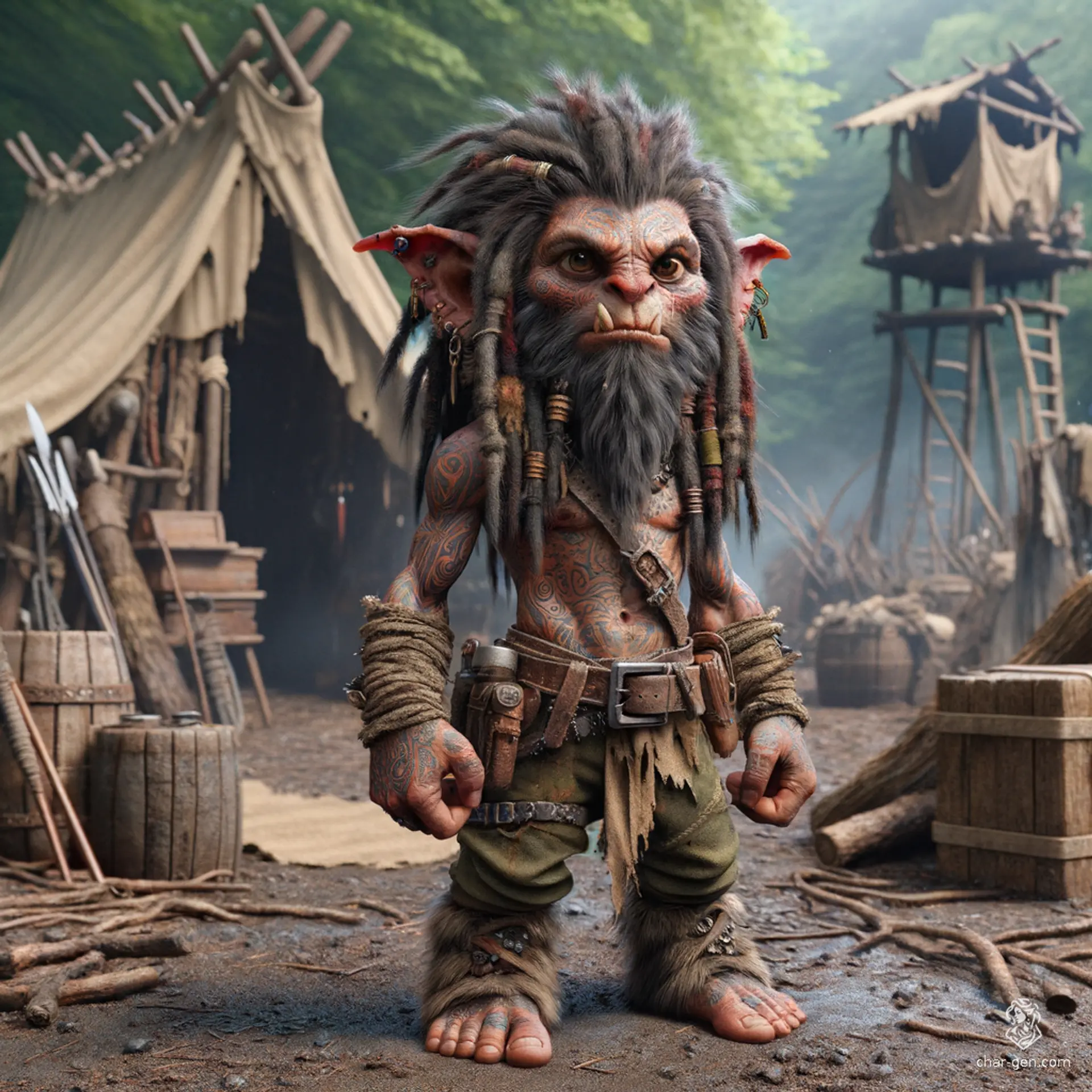 A tiny, male anthropomorphic goblin-like creature, with wild dreadlocks and a rugged barbarian demeanor. His tattooed skin contrasts sharply with his goblin head and features, creating an intimidating and distinctive appearance.
