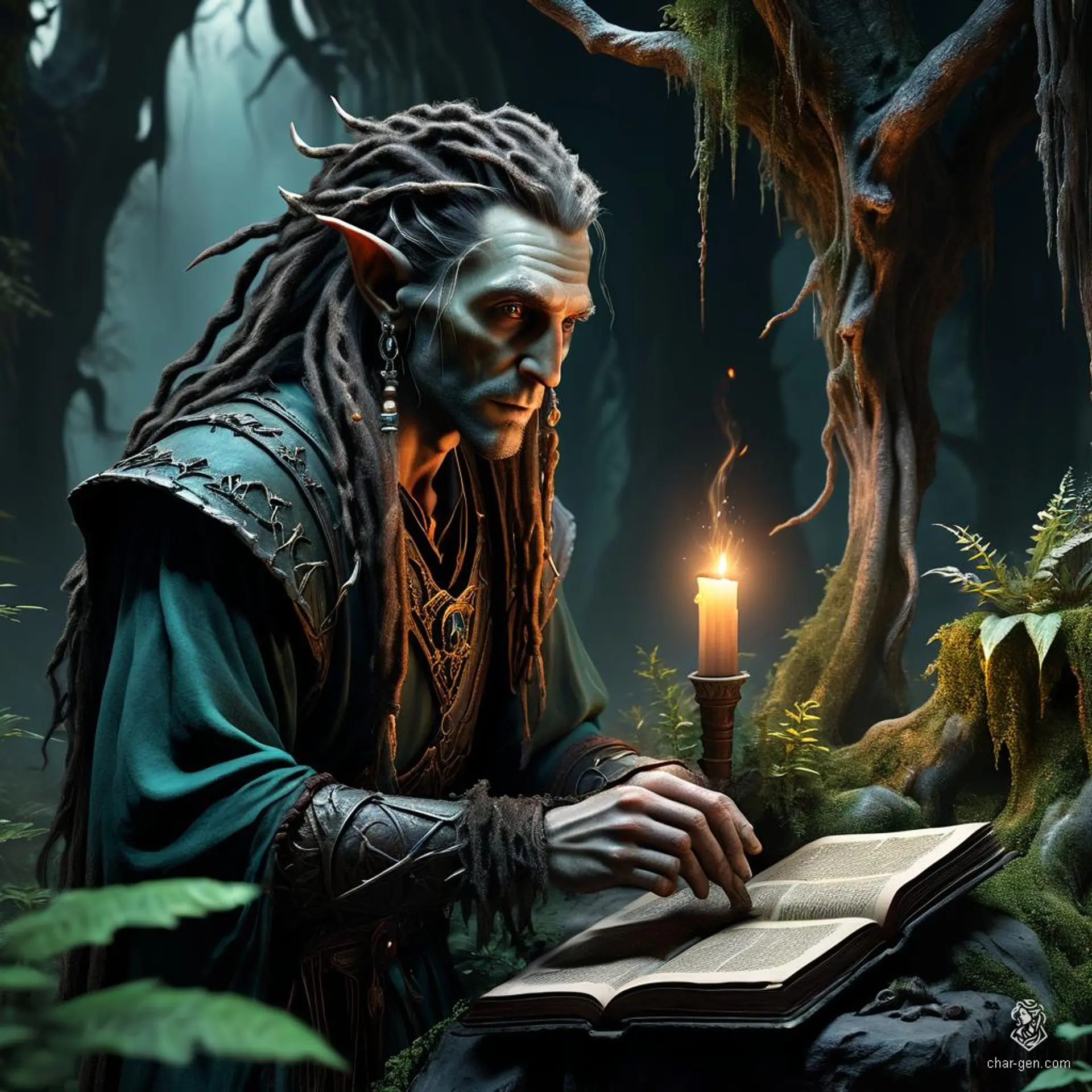 An elf wizard with intricate arcane sigils and enchanted garments wields a mystical tome or staff. He has distinctive dreadlocks and exudes a powerful, ancient aura of magic. Male, marked with a strength of 1.5.