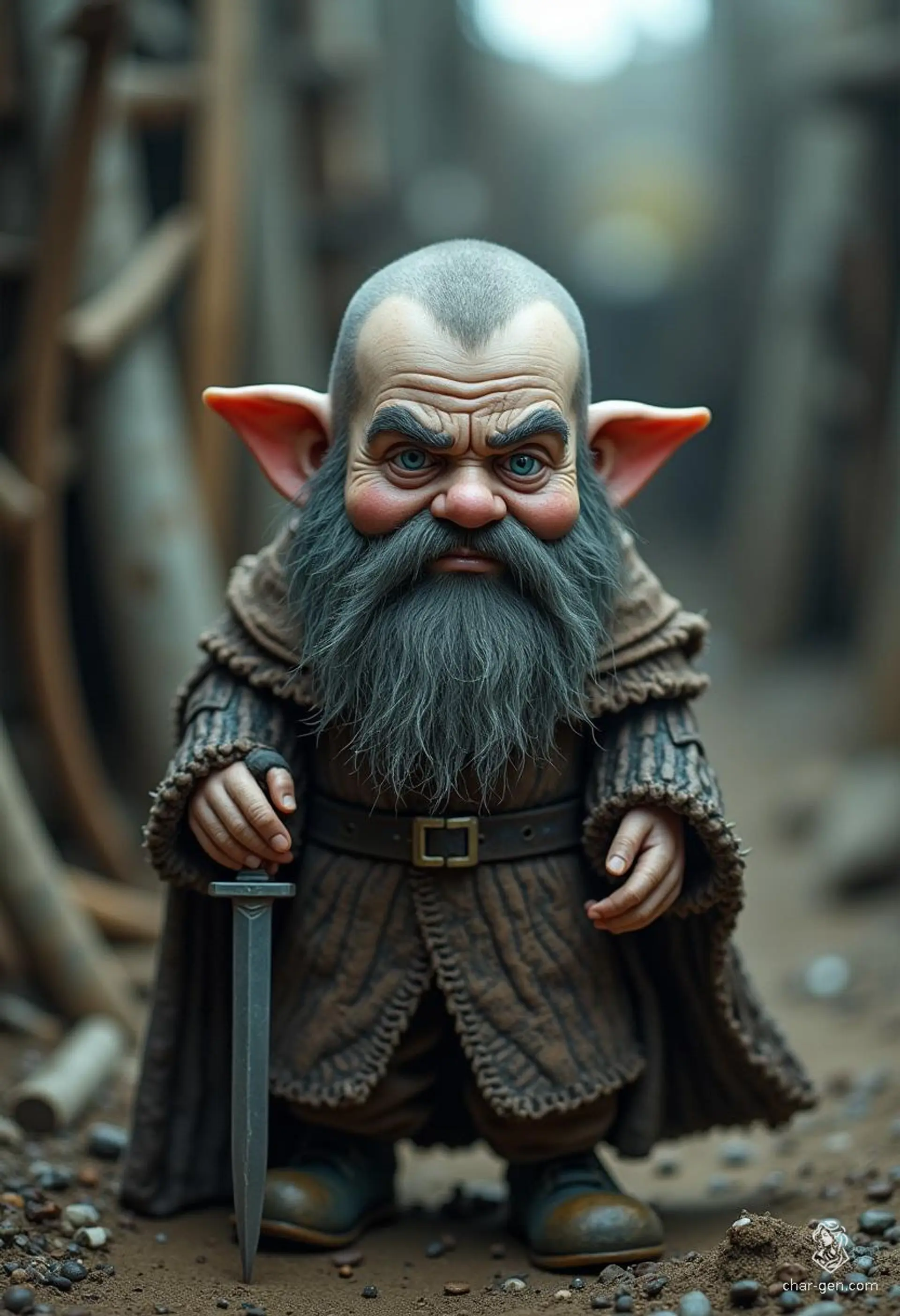 Shifty McGee is a nimble, gray-skinned deep gnome ranger with stormy eyes and a well-shaved head. His stealth-enhancing woodland cloak complements his rogue aesthetic. Armed with a dagger and accompanied by loyal snakes, he thrives in the shadows while facing his claustrophobia.