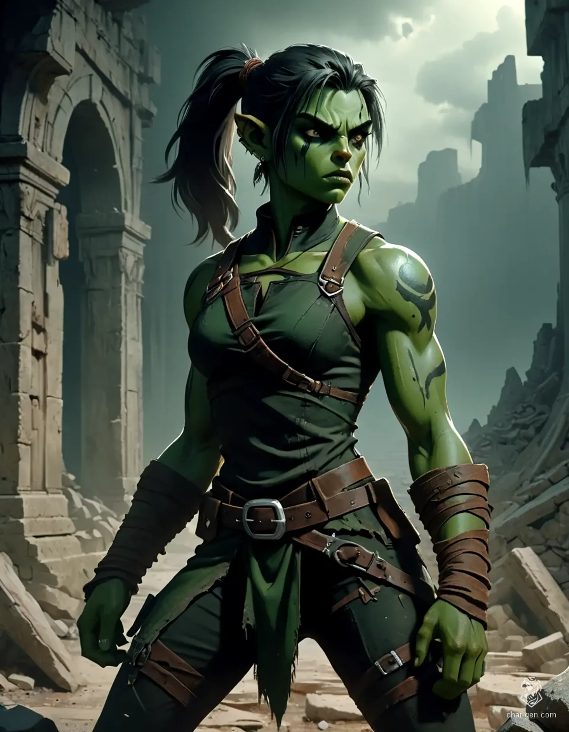 Meet a stunning rogue, a lithe female half-orc with a sultry, muscular physique and captivating green skin. Her dark, textured skin complements her playful ponytail and human-like features, while prominent tusks hint at her orc heritage. Agile and stealthy, she moves like a whisper in the shadows.