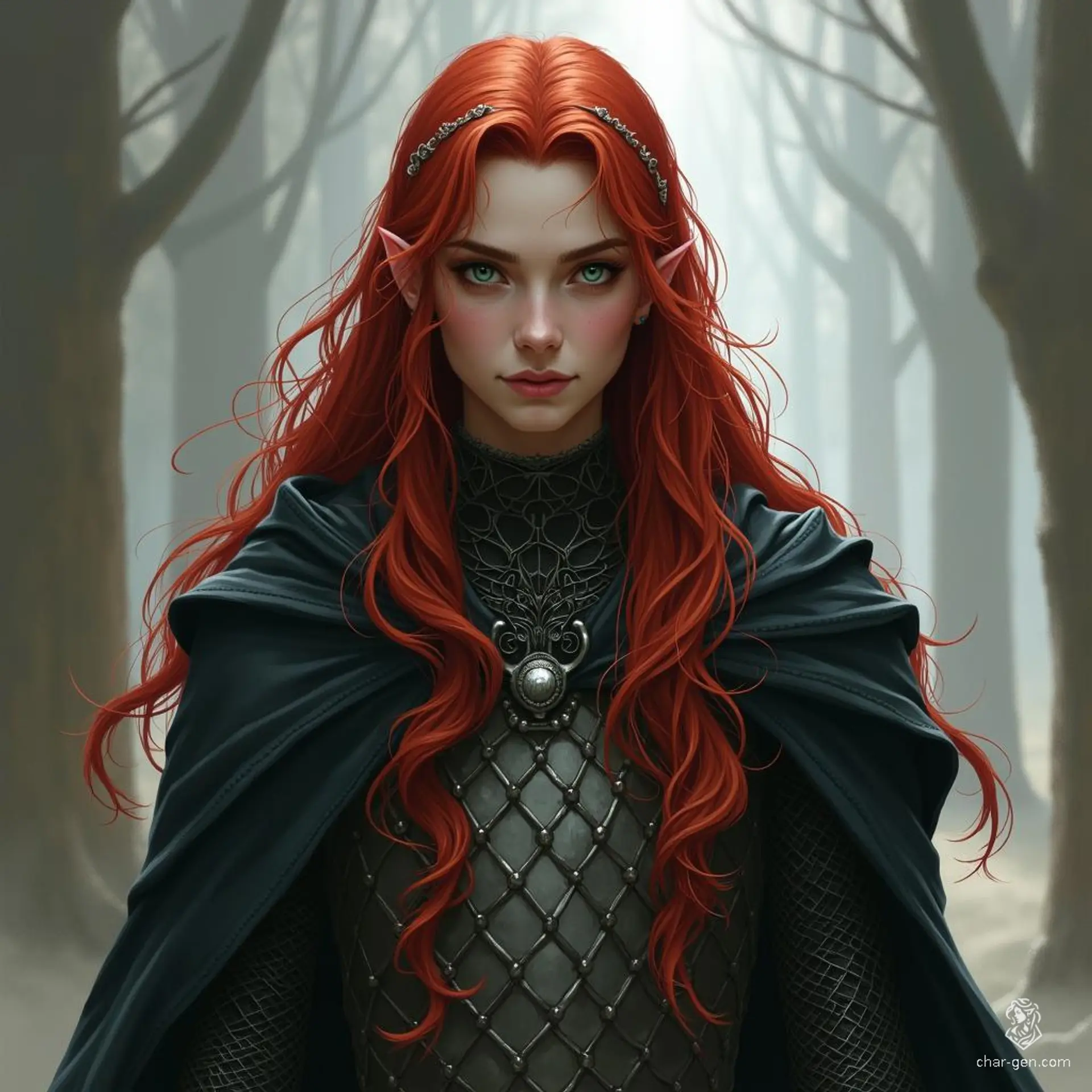 A striking half-elf warrior, she stands tall with cascading red hair highlighted by white streaks. Her intense dark green eyes shimmer with wisdom and power. Cloaked in a flowing black mantle over intricately crafted silver chainmail, she embodies both grace and strength, ready to face any challenge.