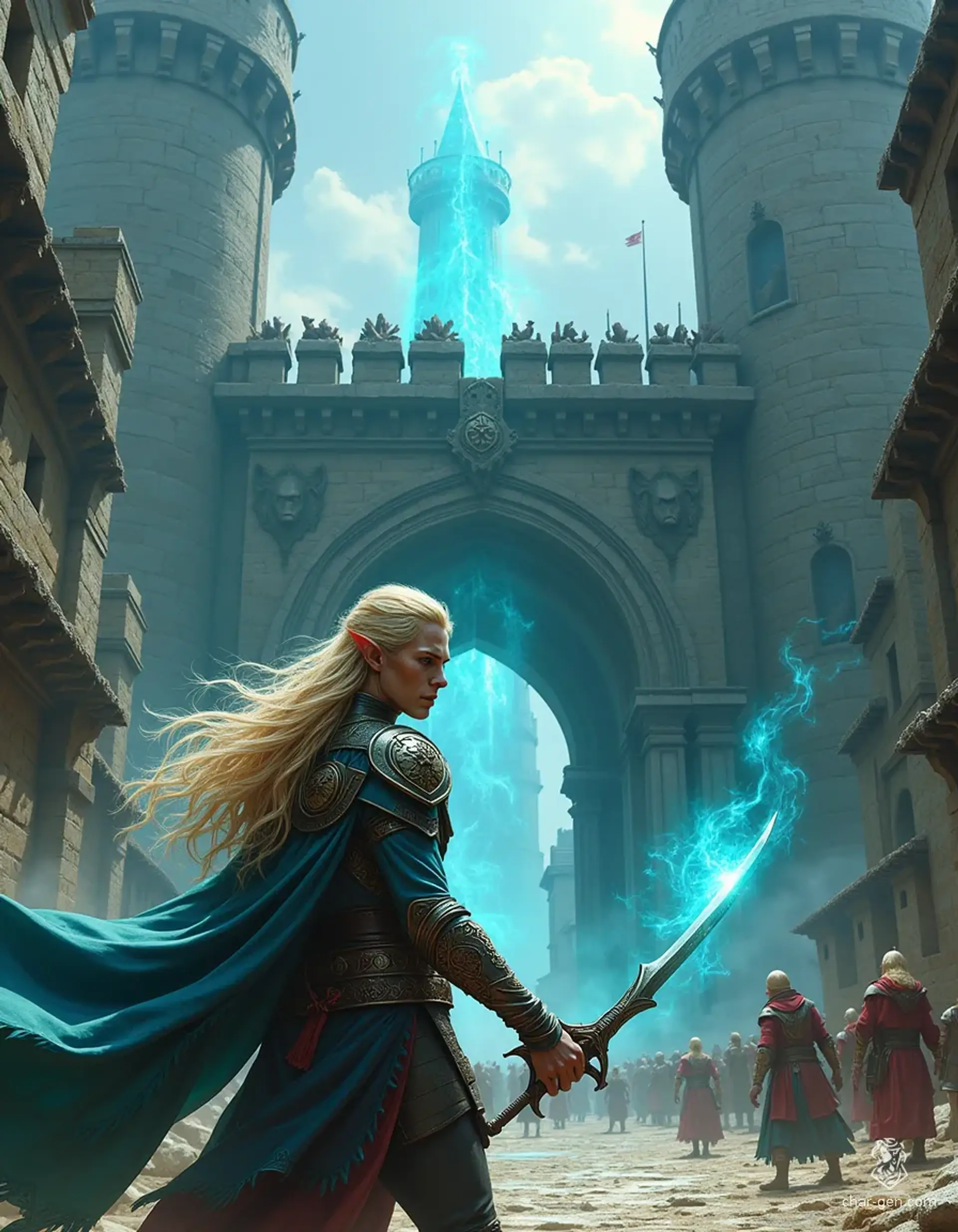 Elion, the elven wizard, wields a shimmering rapier while casting potent spells from his enchanted tome. Clad in intricately designed garments adorned with arcane sigils, his long blond hair flows like moonlight, blending beauty with lethal prowess in the midst of battle.