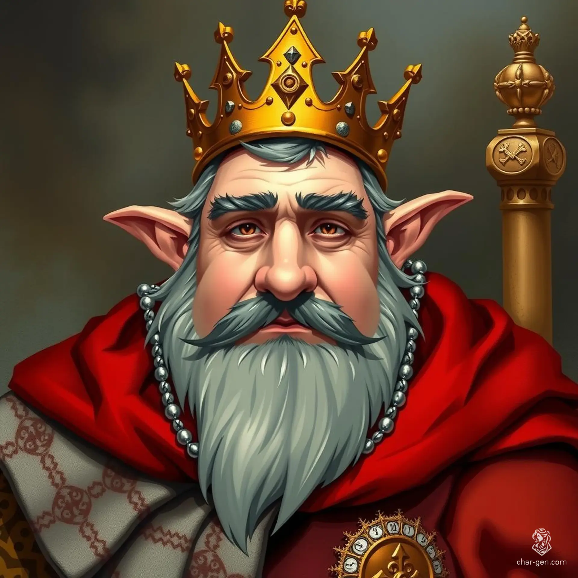 King Thalion is a slightly rotund half-elf ruler, sporting a trimmed grey beard. He dons opulent red robes and a majestic golden crown. His stoic face exudes wisdom and authority, embodying both elven grace and human resilience.