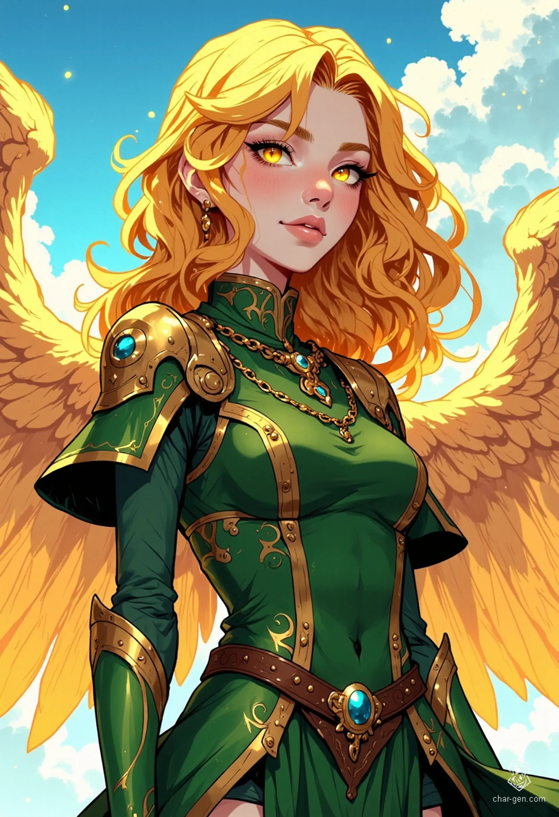 Sigarda, a stunning female angel, embodies celestial grace with her luminous golden hair and radiant green and gold armor. Her solid gold eyes shine brightly as she floats effortlessly in the vibrant sky, captured in bold, dynamic poses and a vivid anime-inspired style that exudes fantasy magic.