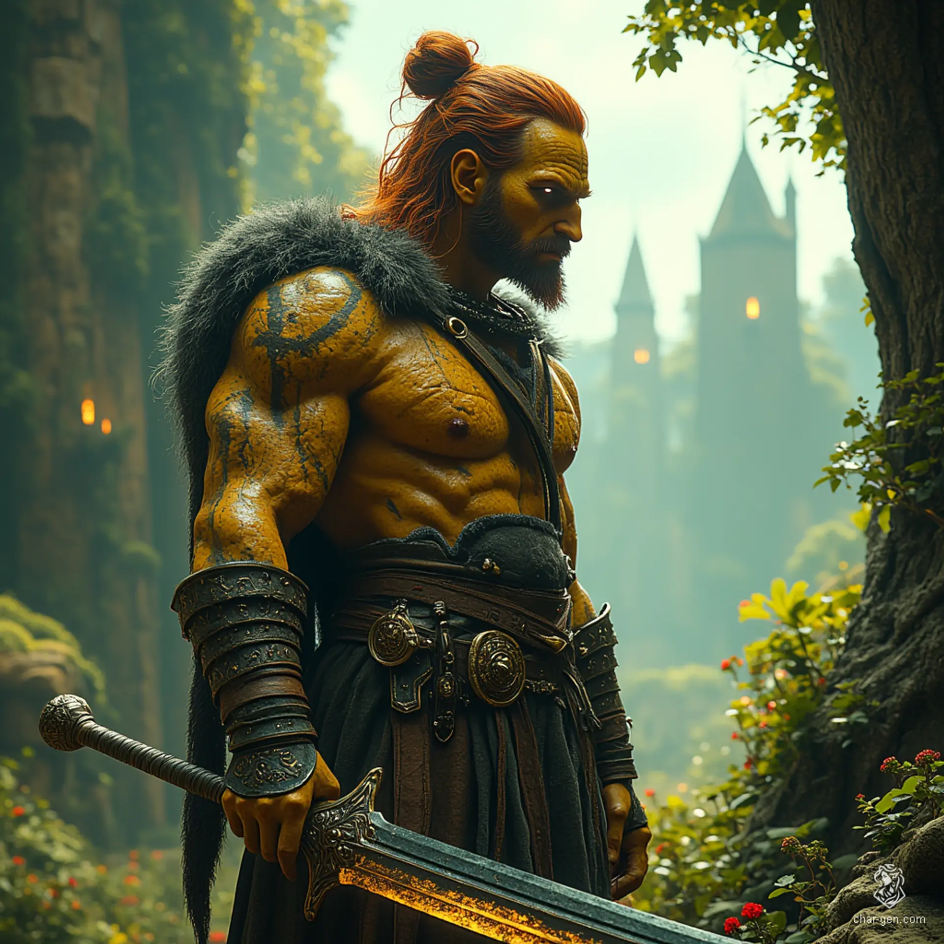 A tall, gaunt githyanki barbarian, this wild and rugged warrior boasts rough, dirty yellow skin and a Voldemort-like skull nose. His russet hair is tied in a topknot, embodying a fierce spirit and a fierce connection to his brutal, nomadic heritage.