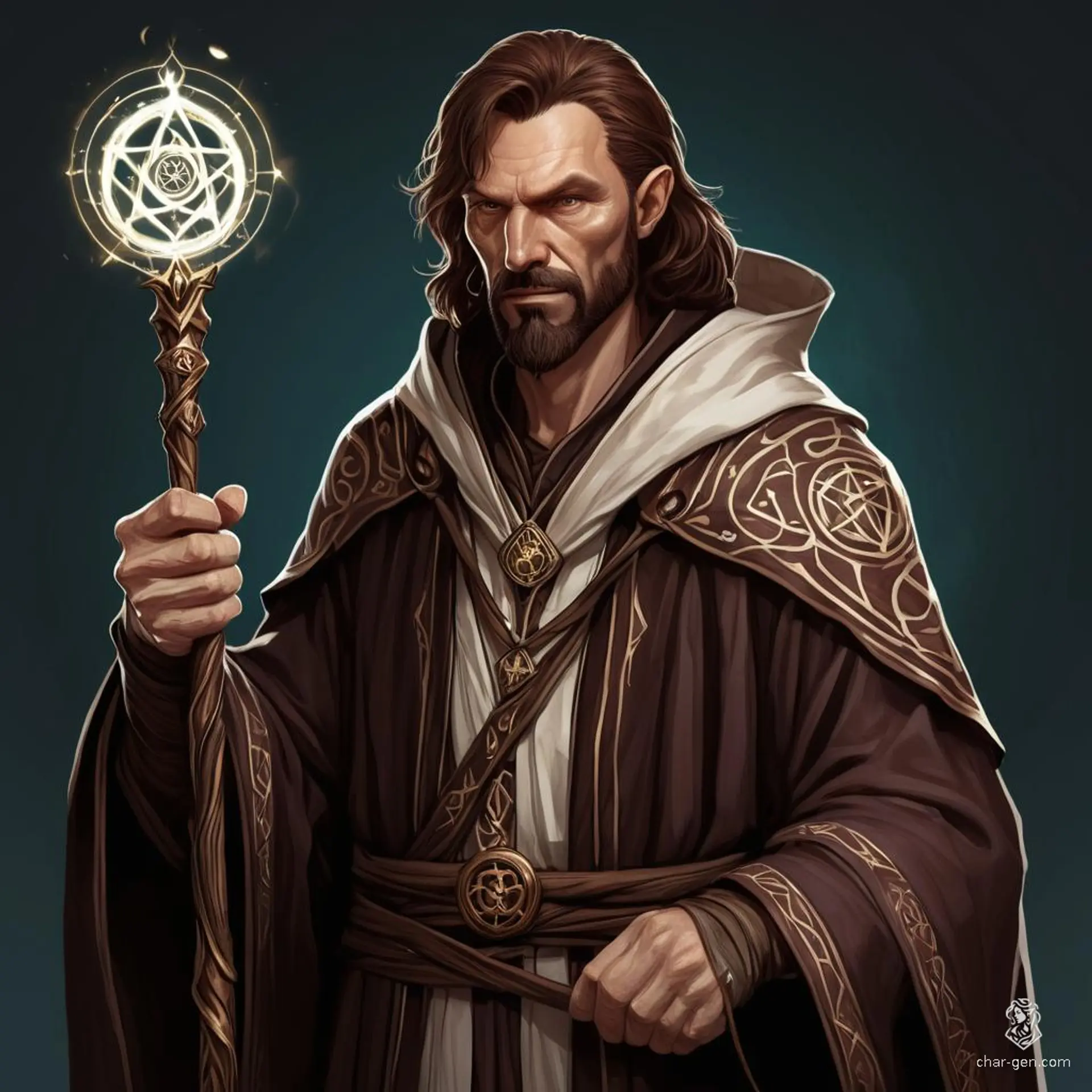 Ahmed Noke, a 40-year-old male hermit wizard, stands at 6'2" with a medium build. He has pale skin and dark eyes, accentuated by warm chocolate brown hair. Intelligent and wise, Ahmed wears enchanted garments adorned with arcane sigils and wields a wand of true polymorph, appearing paranoid and sleepless.