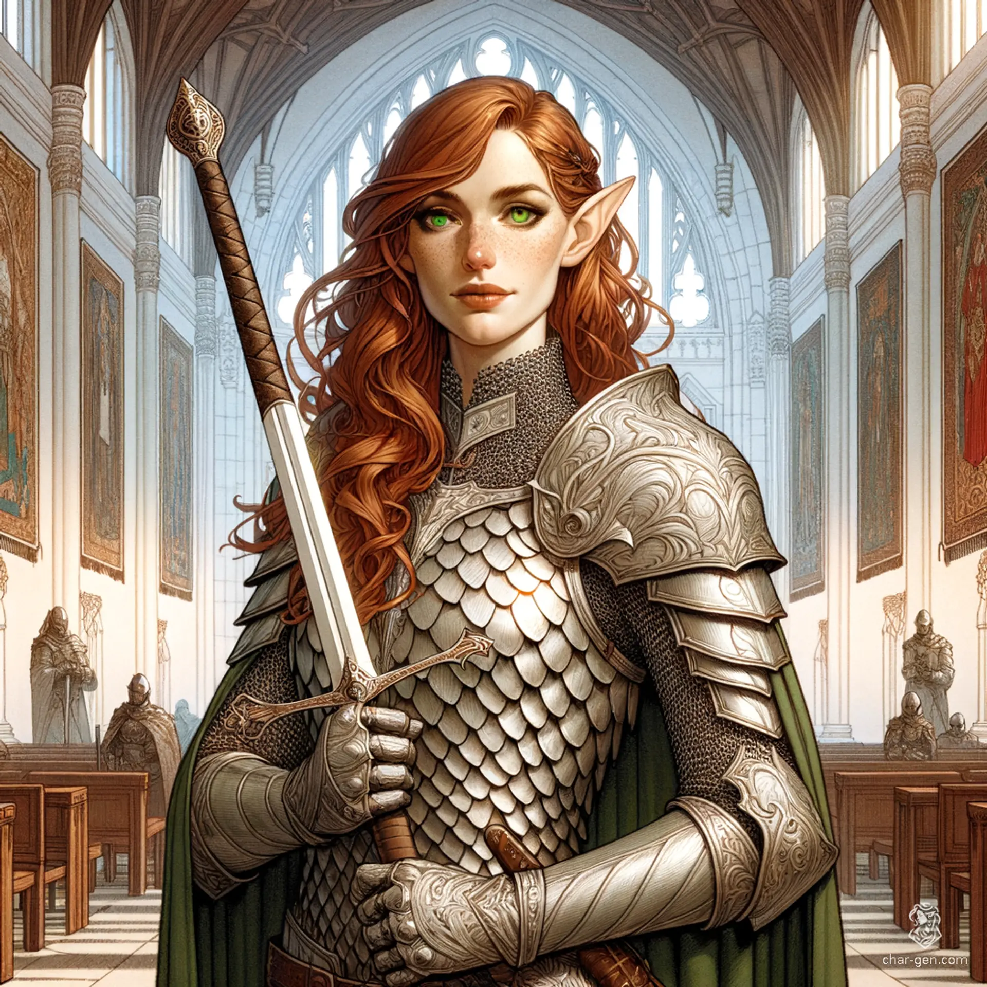 Kira Smith, a 180-year-old High Elf Cleric, radiates serenity. With a strong, nimble build, she wields a longsword confidently. Cloaked in intricate scale mail, Kira's pale, freckled skin and striking green eyes highlight her enchanting charm. A wise and iconic healer, her holy symbol is ever-present.
