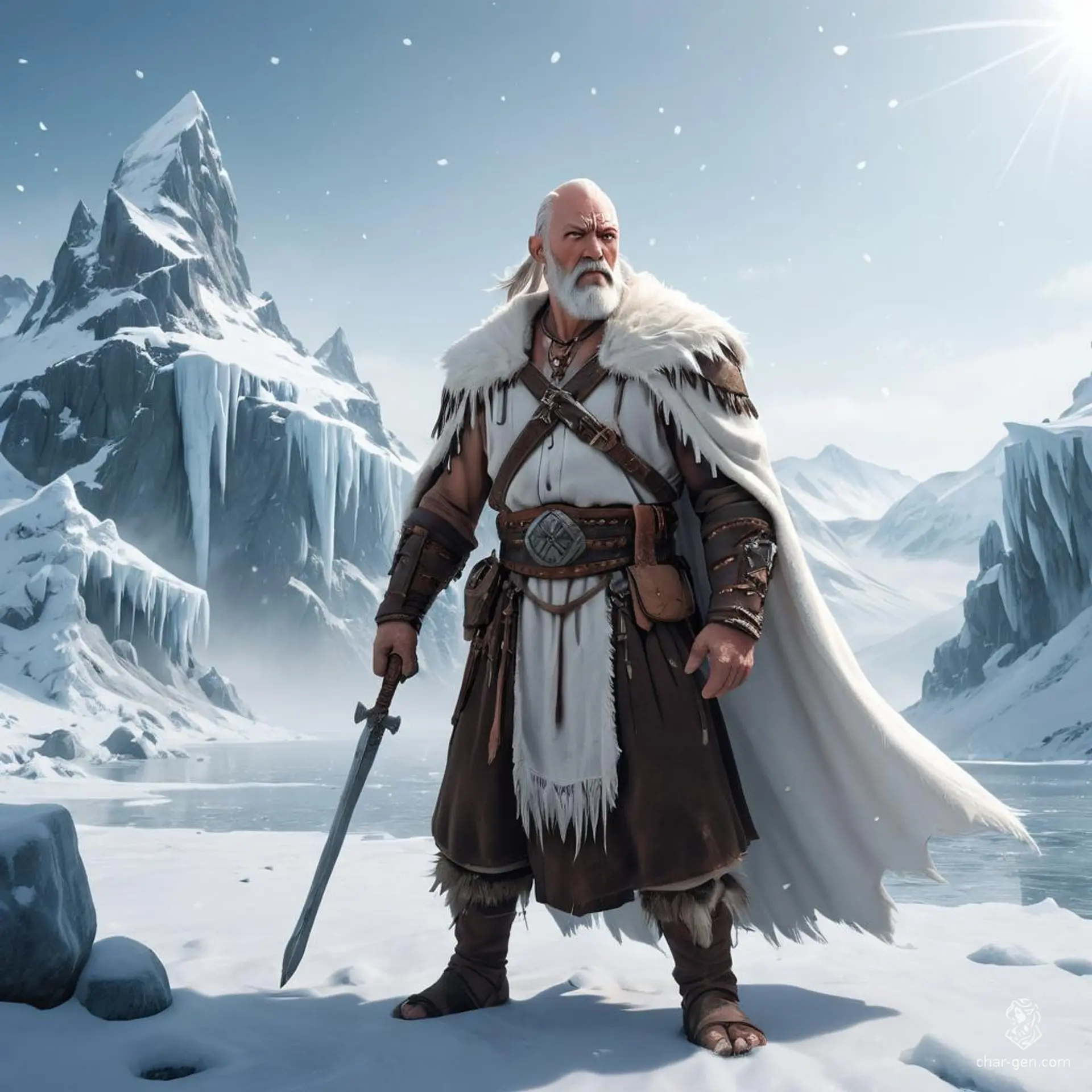 Elder Chief Grimbold, a burly barbarian in his 60s, commands respect with his fierce demeanor and wild spirit. His balding head and pale white beard contrast sharply with his rugged, fur-lined cloak, marking him as a formidable leader in his humble village.