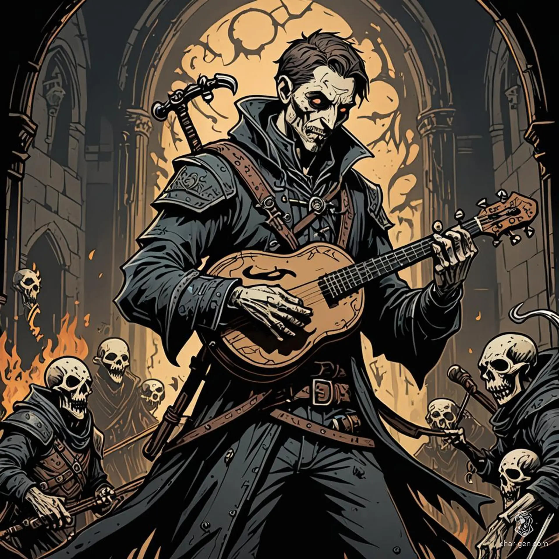 A fair-skinned male bard with a sharp contrast between his radiant complexion and short, dark hair. With expressive gestures, he wields a lute or flute, weaving enchanting tunes and magical melodies, captivating all around him with his human charm and musical prowess.