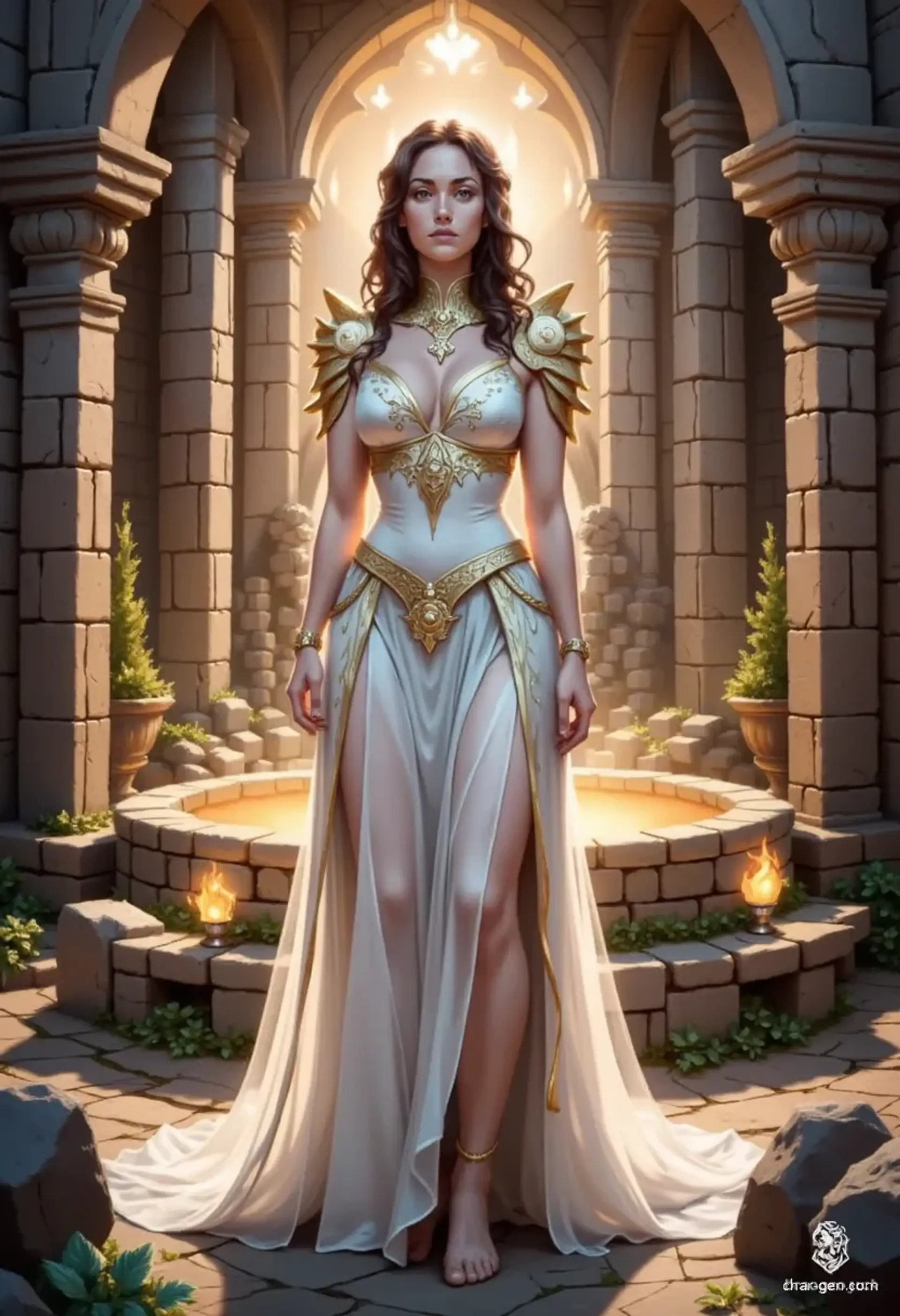 In a majestic hall of arched columns, a serene brunette cleric stands confidently. Dressed in an intricate white and gold armored gown, her flowing cape and golden accents radiate elegance. With a holy symbol at her chest and a nurturing spirit, she tends to the sick with compassion and grace.