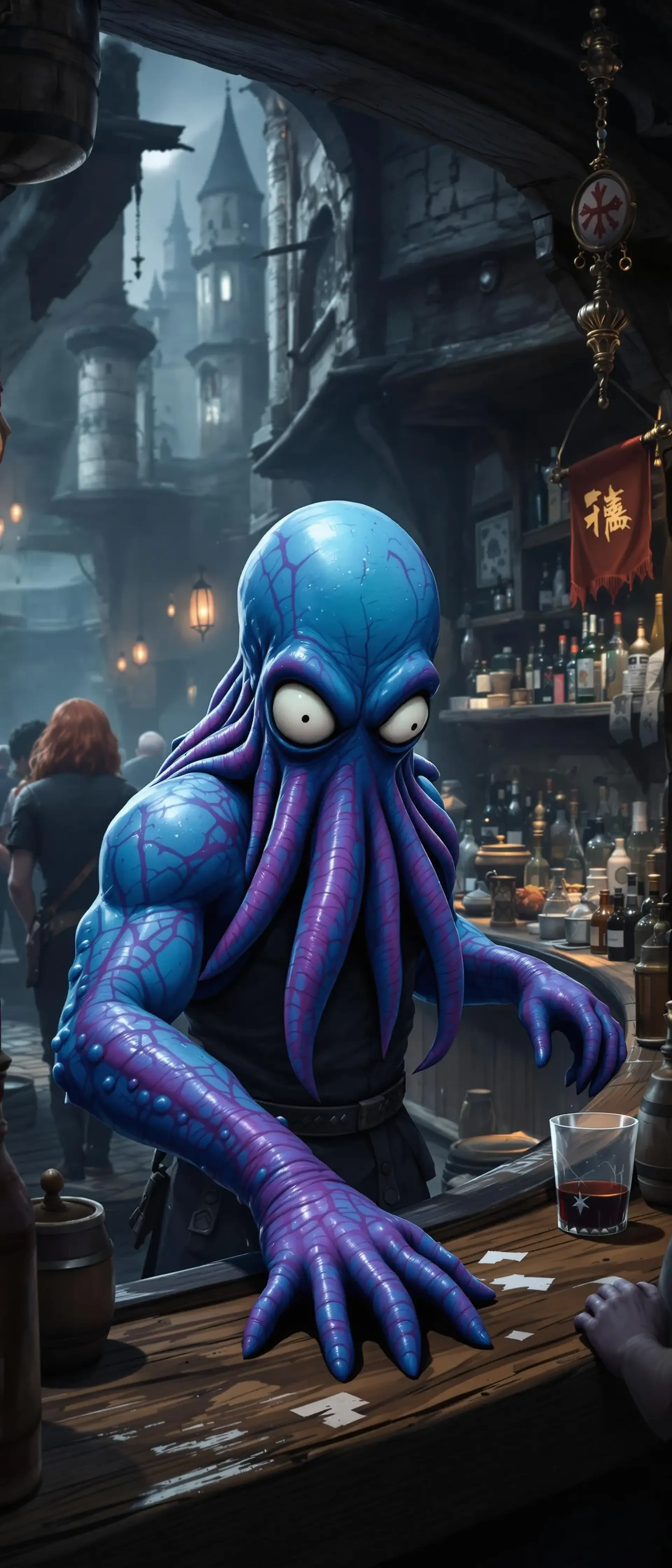 A blue-skinned young male mind flayer, bald with slimy purple tentacles and large white eyes, works as a bartender. Amid barrels and lively patrons, he wipes down counters, blending eerie alien presence with the bustling tavern atmosphere.