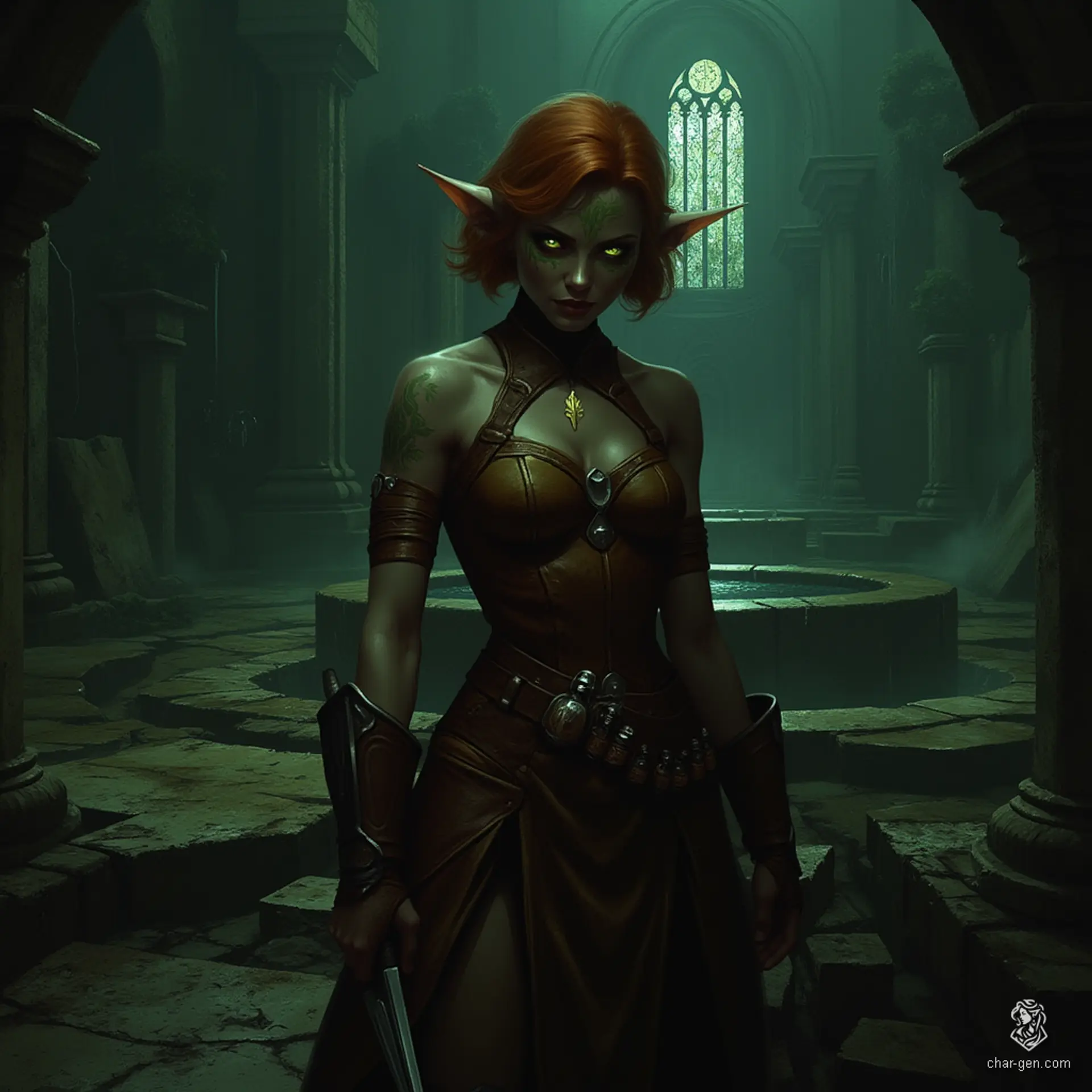 Izzy, a newly emancipated halfling assassin, blends agility and cunning. With curly red hair framing her face, solid yellow-green eyes, and shimmering patches of green scales, she exudes competence and malice. Clad in fitted leather armor, she patiently aims her crossbow, embodying danger and a joyful thrill for the hunt.