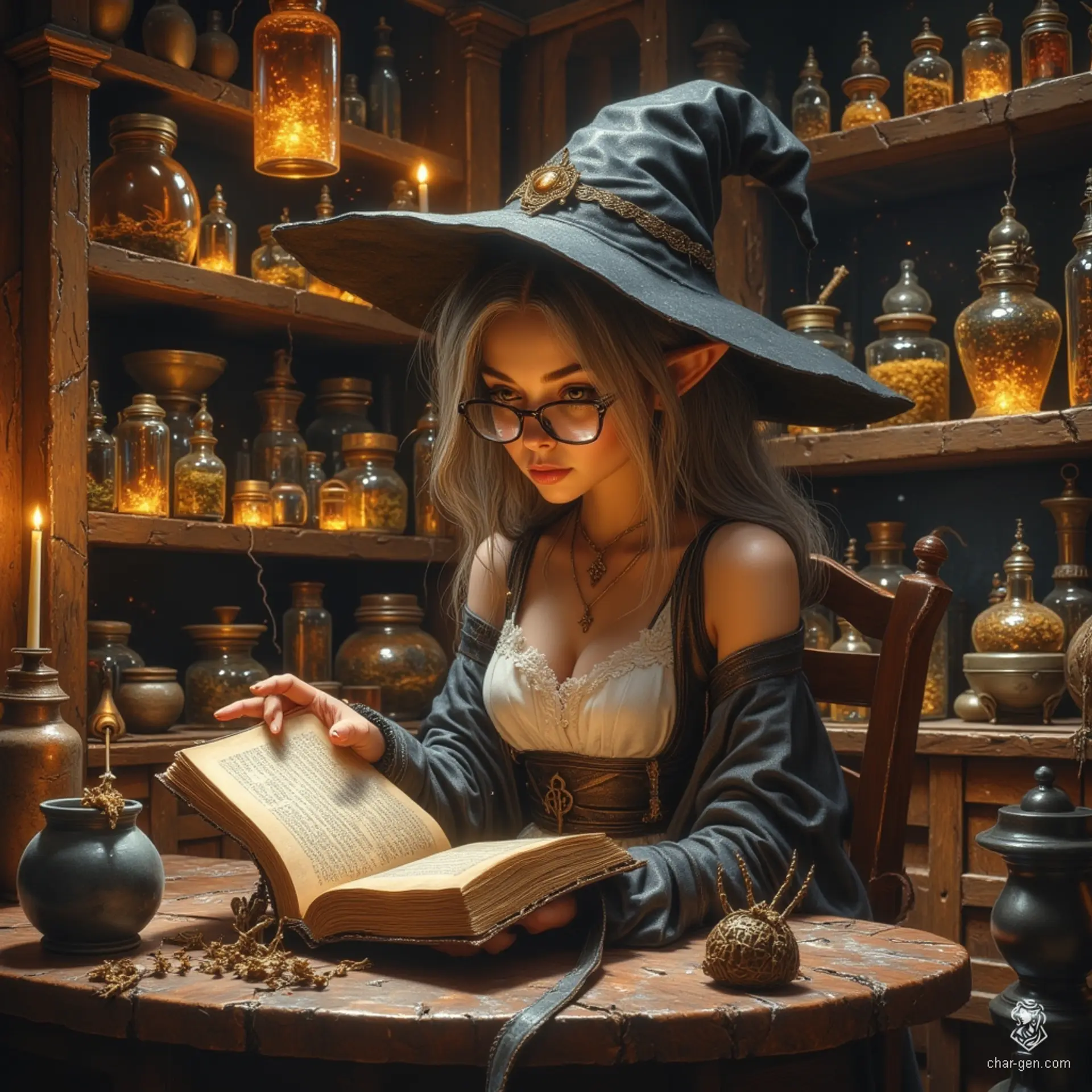 Maryam, an older, cute elf forensic investigator, melds wisdom with charm. Her tanned skin and flowing, gray-streaked hair complement her inquisitive topaz eyes. Adorned in practical, renaissance-inspired attire, she studies witchcraft, guided by a ghostly spider familiar. In her cozy alchemical lab, curiosity thrives amidst potion ingredients and candlelight.