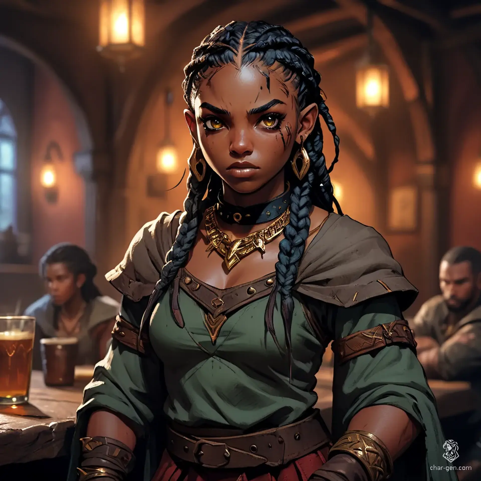 In a dimly lit medieval tavern, a striking melanated elven warrior exudes a fierce defiance. Her glowing eyes and subtle scars hint at a battle-hardened past. Dressed in an edgy, form-fitted outfit that blends African and mercenary style, she captures attention with her vibrant, expressive presence.