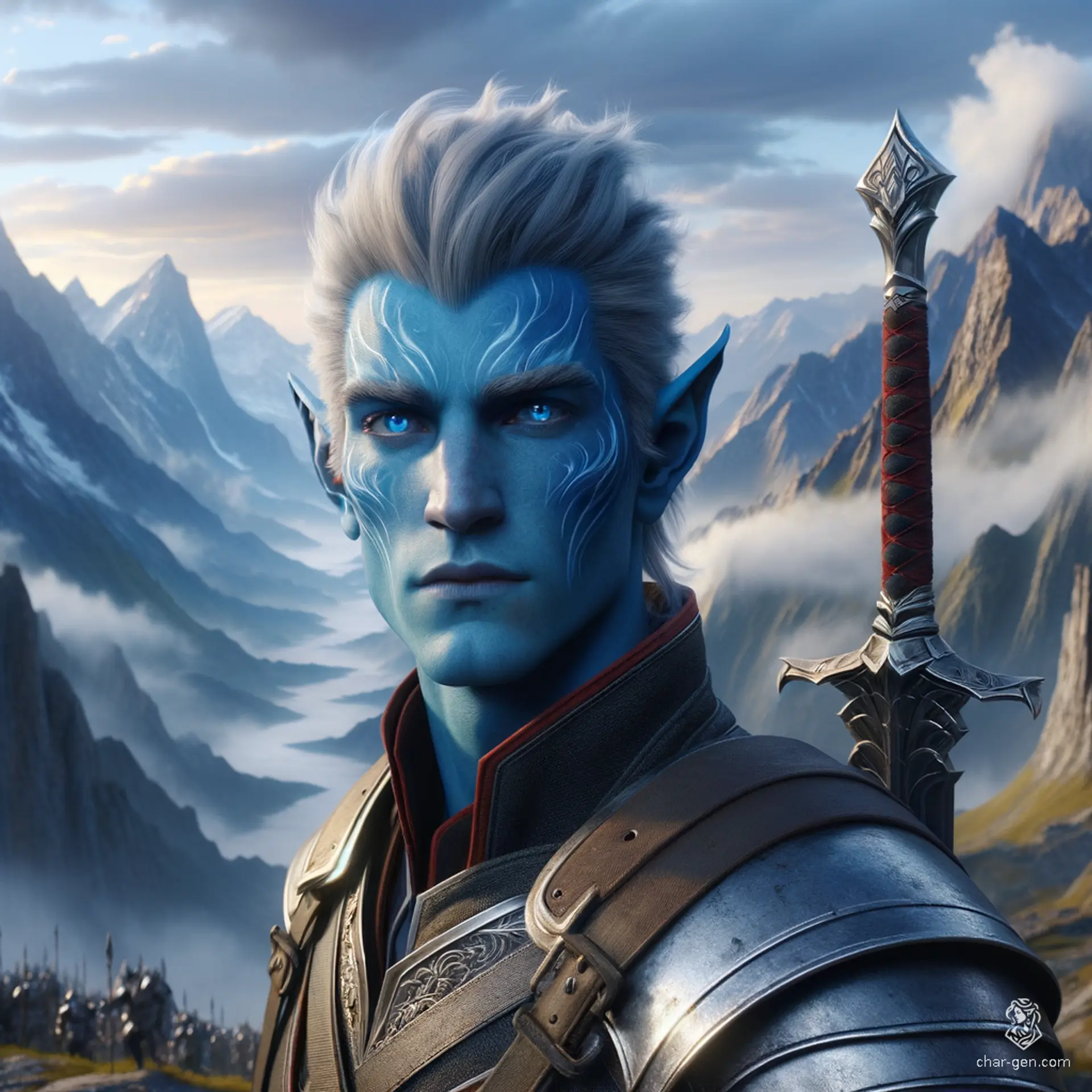 A male air genasi guard, his bright blue, air-made skin and windswept features shimmer with air nebula effects. Dressed in chainmail, he patrols diligently, a straight-haired, light-skinned figure of vigilance. Fully armored and wielding a greatsword, his confidence and speed embody his elemental heritage.
