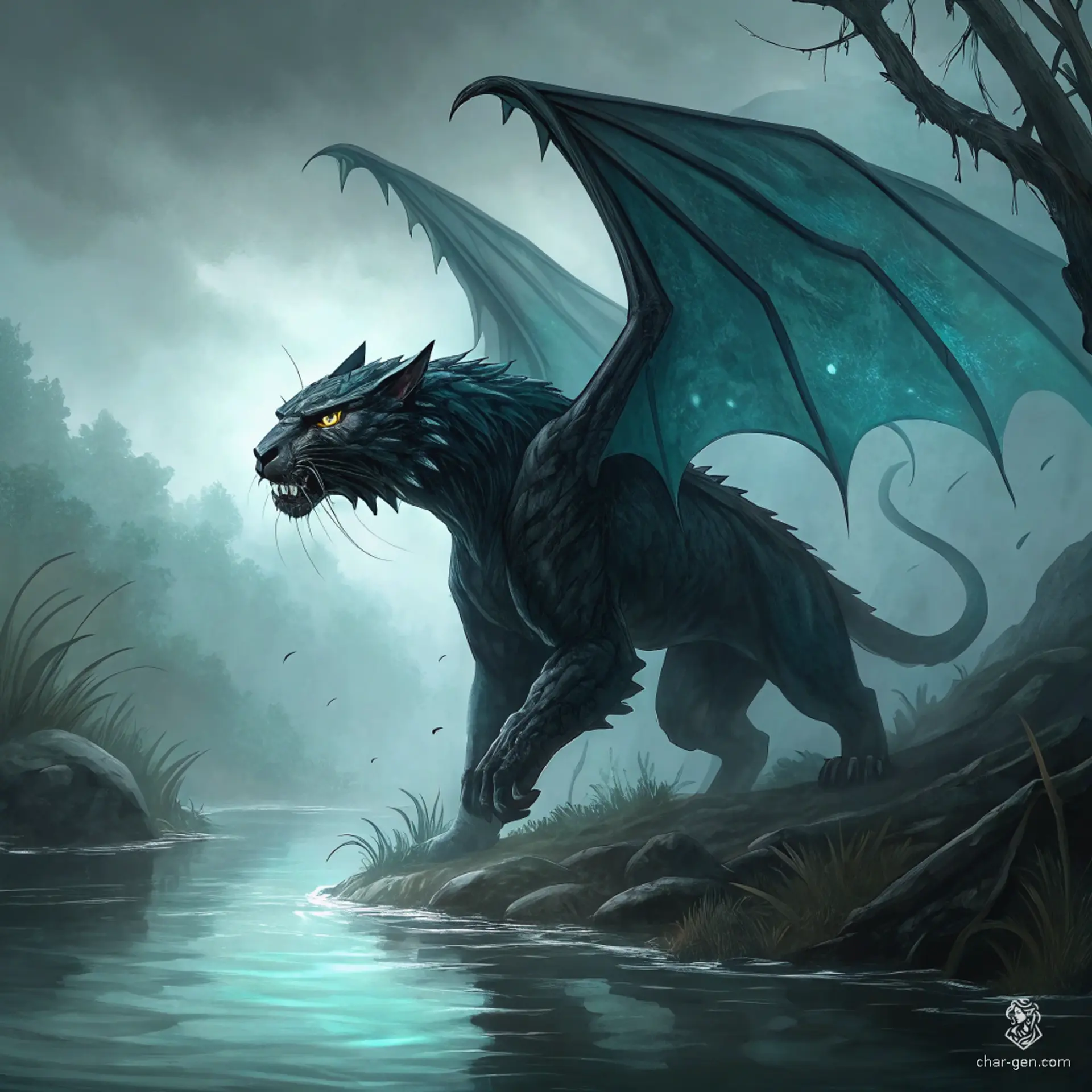 A displacer beast dragon hybrid prowls the edge of a vast, still Underdark lake. Its body resembles a black dragon, with two glowing blue tentacles beneath its wings. Its panther-like head and acid-dripping claws enhance its fearsome appearance, as it blends into the misty, cavernous gloom.
