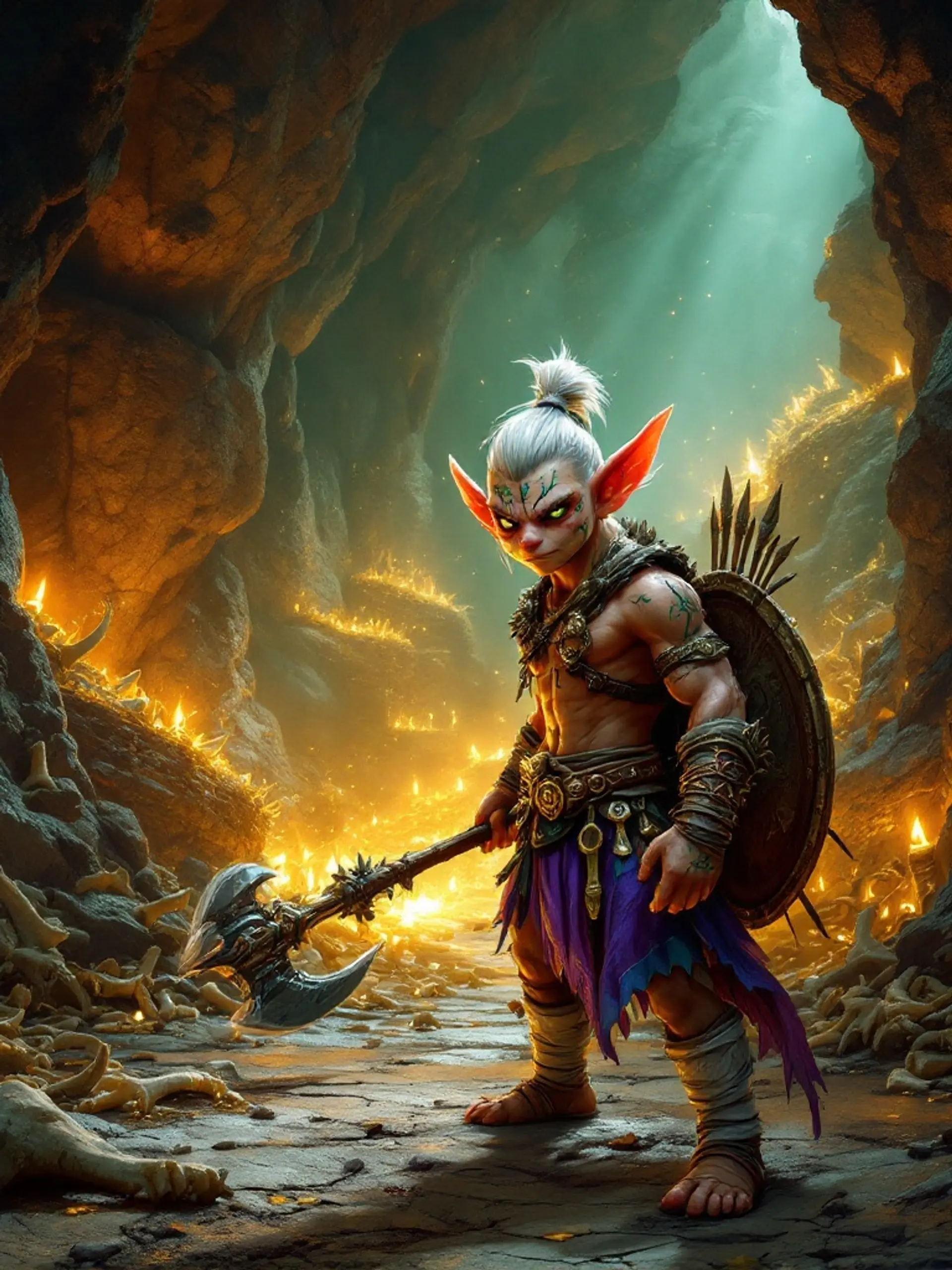 Bam Bam the Kursed is a rugged Kender Barbarian, embodying wild strength at around 30 years old. His tanned skin, etched with vibrant green runes, contrasts with his striking white top-knot. Clawed by a dragon, his fierce presence is accentuated by his halberd, quarterstaff, and javelins, projecting both danger and playful curiosity.