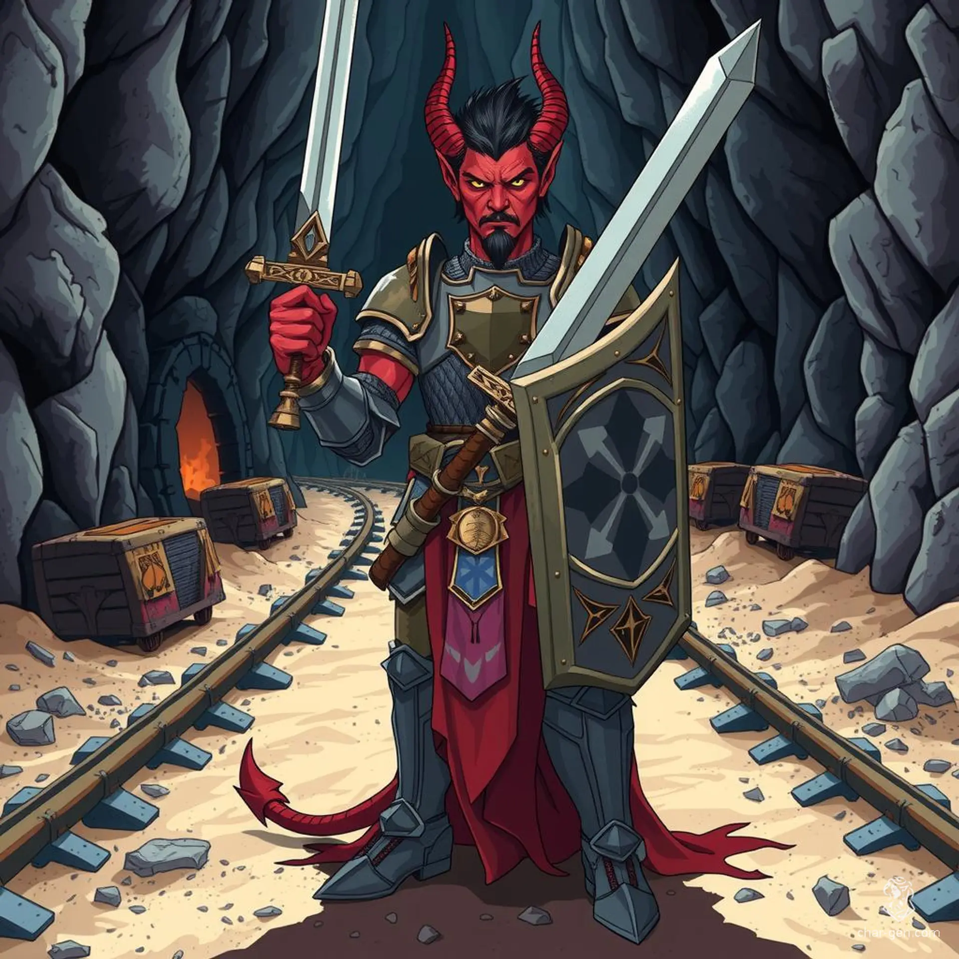 Eremiel, a 17-year-old male Tiefling Paladin, exudes a dignified aura with red skin, yellow eyes, and jet-black hair. Raised in a church after being found as an orphan, he is extremely wise, charming, and a pacifist devoted to his deity. Eremiel wields a longsword and carries a distinctive protective shield, embodying faith and protection.