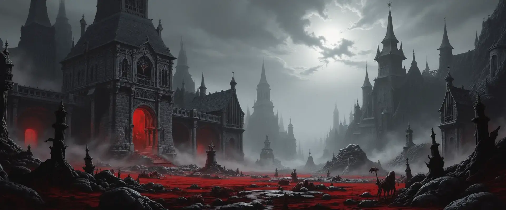 In a sinister realm cloaked in perpetual twilight, gnarled trees twist against a charcoal sky, their branches clawing like skeletal fingers. Ominous castles loom atop craggy hills, shrouded in swirling mist, while graveyards echo with the whispers of the restless dead. An oppressive atmosphere lingers, thick with dread and decay.