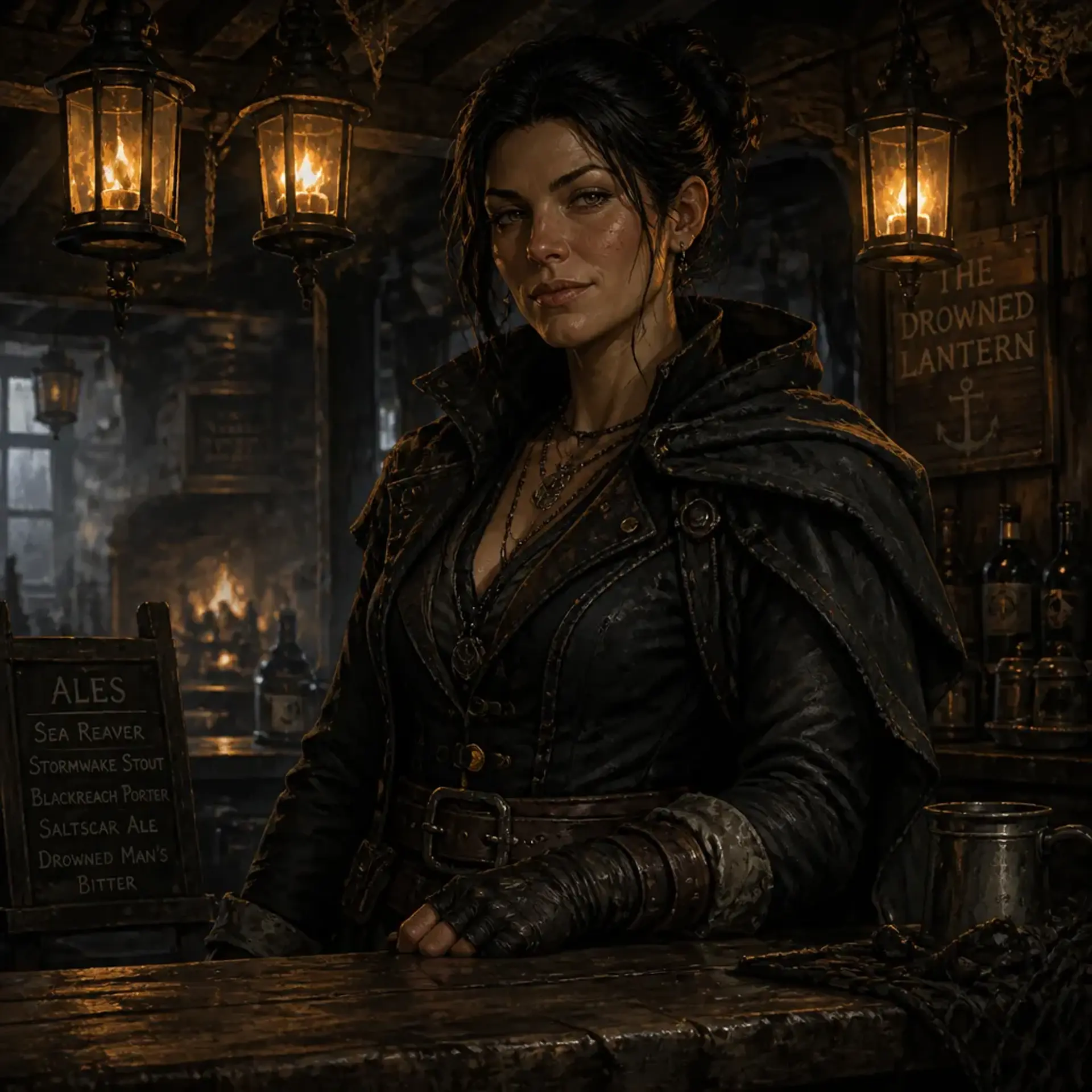 The Lantern Below, commonly called the Drowned Gull - AI-generated fantasy Tavern