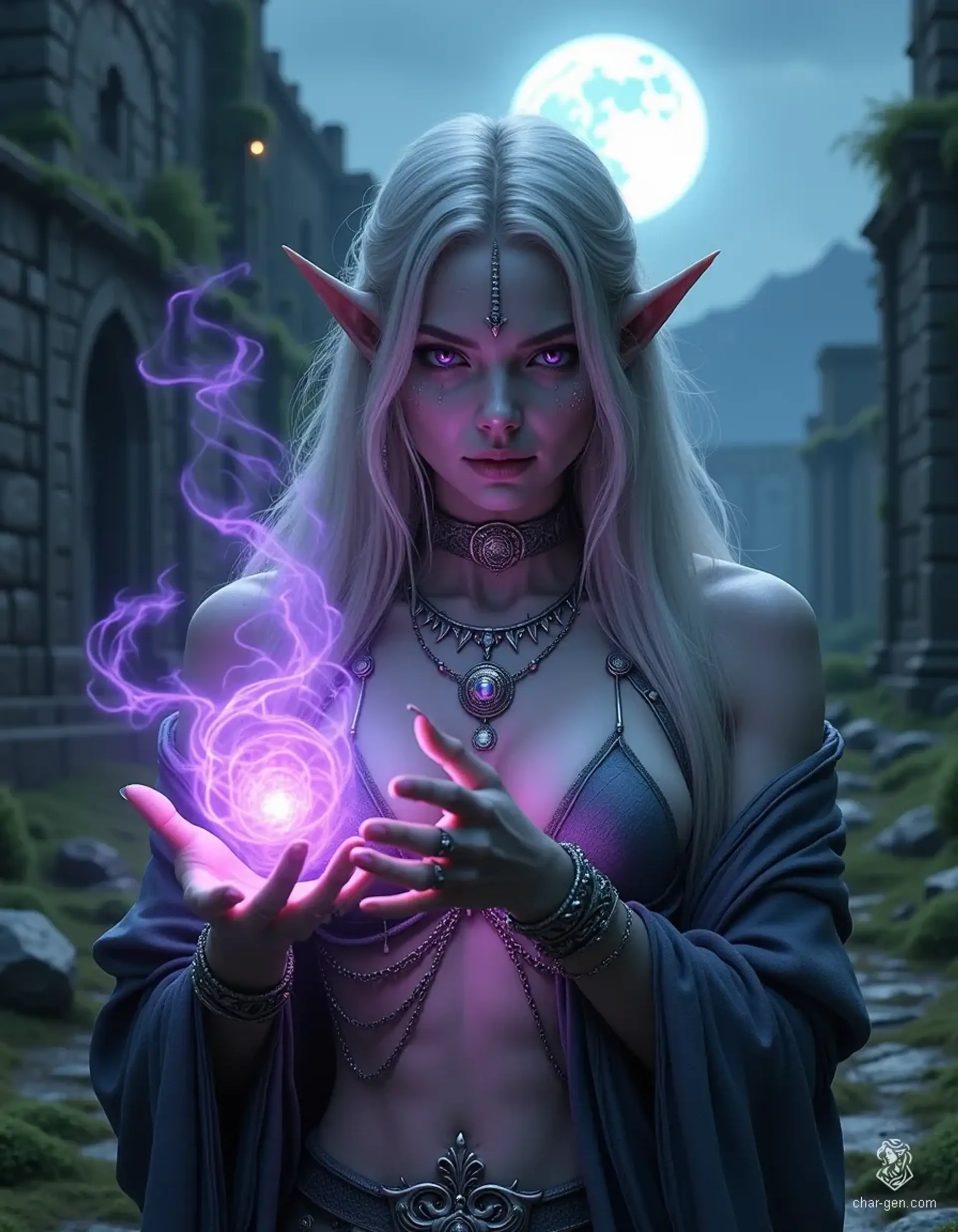 Under the moon’s luminous glow, a captivating Drow sorceress exudes an enchanting aura. Her dusky charcoal grey skin and long ash blonde hair frame her delicate features and striking pale violet eyes. Dressed in gossamer robes and adorned with silver jewelry, she conjures swirling lilac magic, a guardian of the arcane, alluring and ethereal.