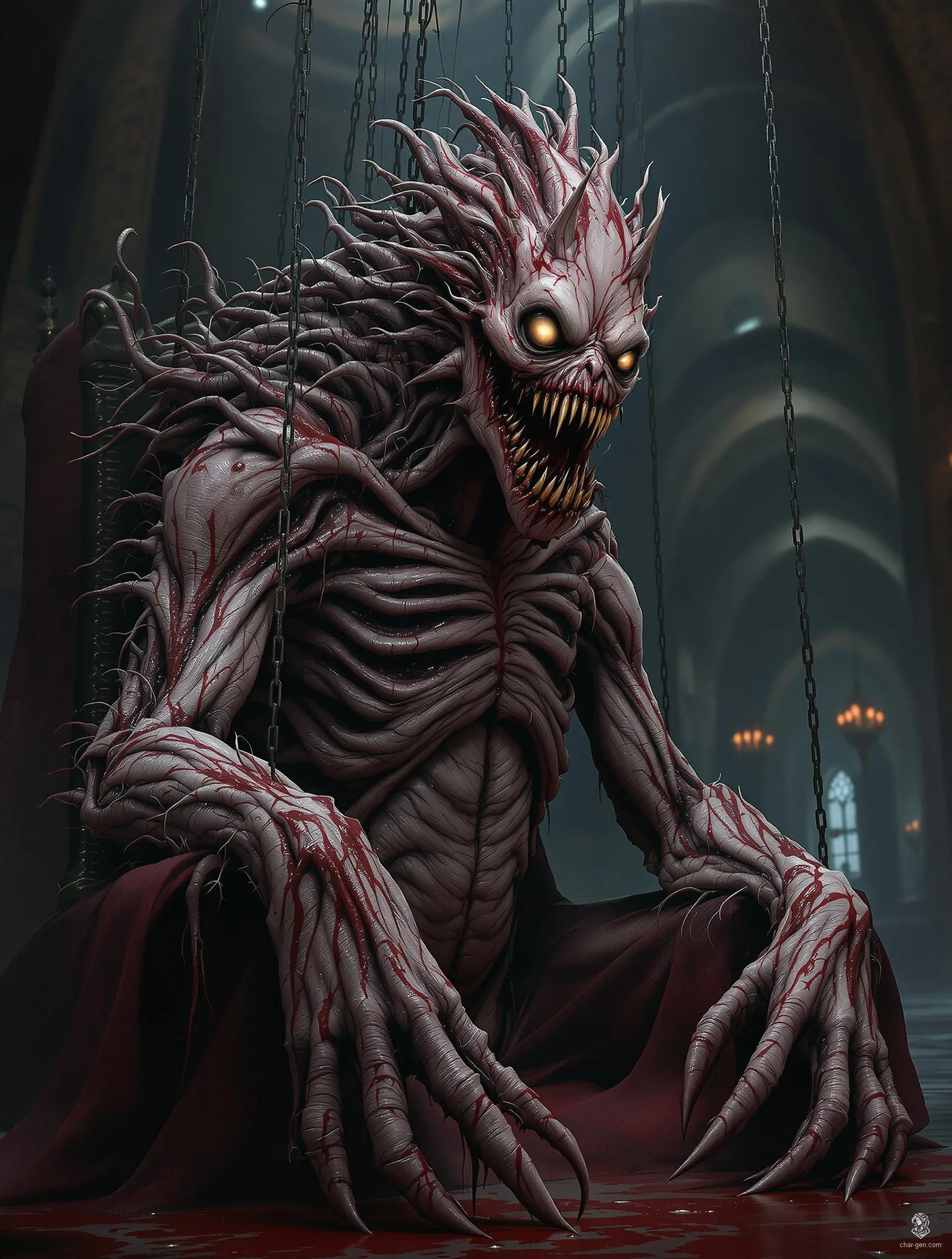 In a shadowy throne room, a grotesque creature looms—an amalgamation of writhing flesh resembling a twisted marionette. With elongated limbs and jagged claws, its face grotesquely mimics the king's, adorned with soulless eyes and a chilling grin. It moves jerkily, exuding a malevolent intelligence.
